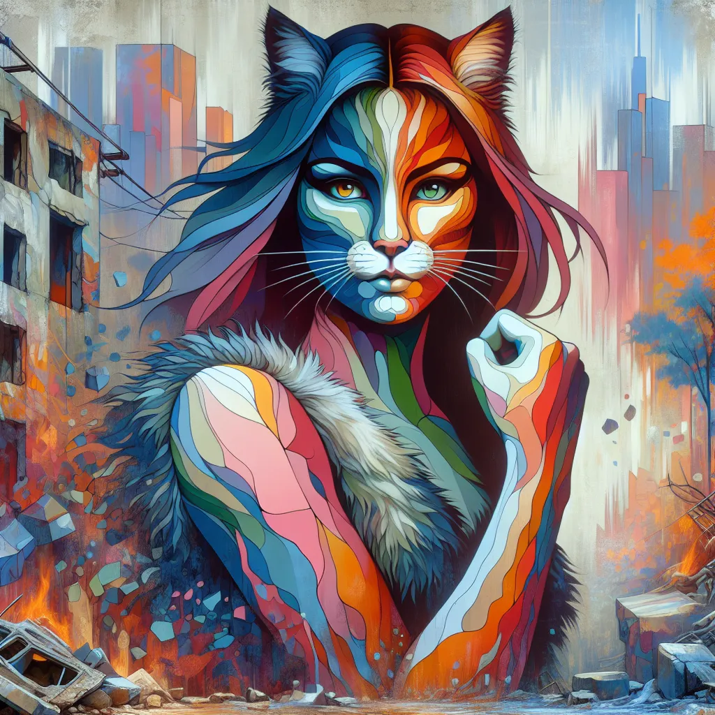 A colorful illustration of a cat-girl warrior standing defiantly, her feline features blending seamlessly with her human appearance. She is surrounded by the wreckage of a city, a symbol of the turmoil caused by the battles she has faced.