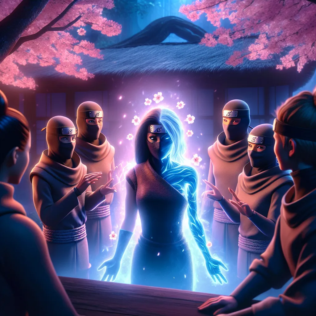 A magical and psychological transformation unfolds as Naruto becomes Narumi, a strong and radiant kunoichi in the Hidden Leaf Village. The image captures Narumi's moment of realization and acceptance in the bubbling hot spring, surrounded by her friends Sakura and Ino, as her new form and identity solidify.