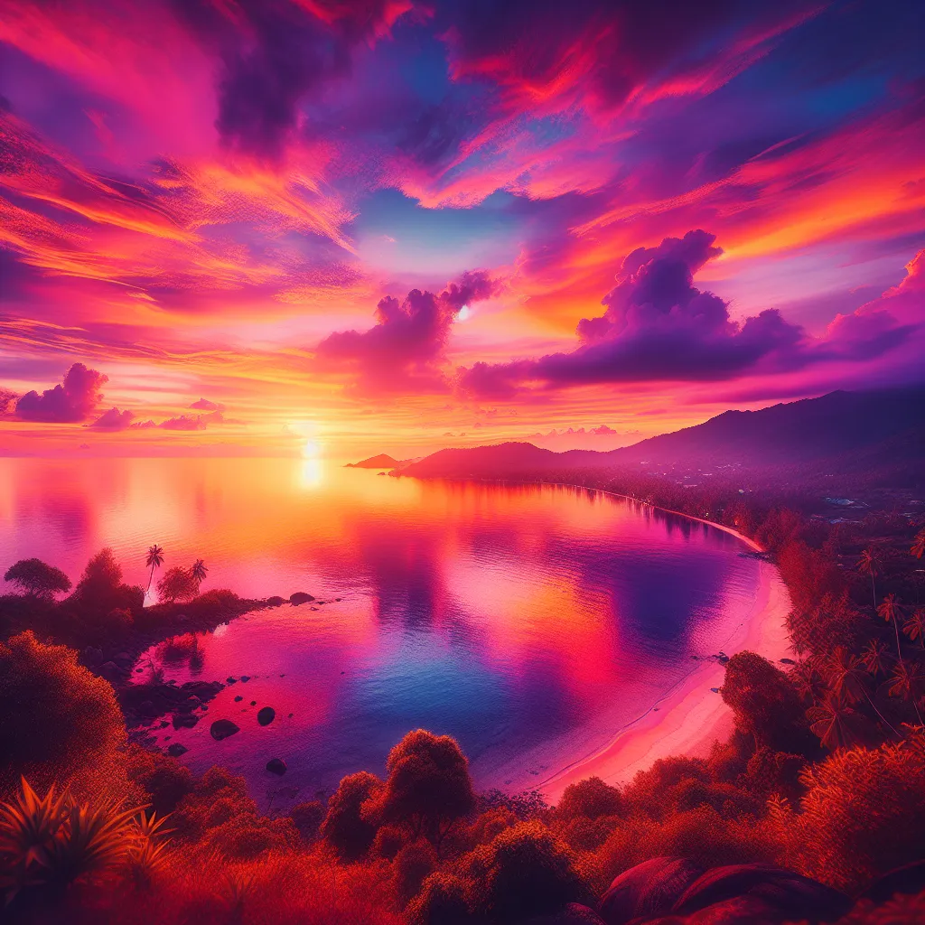 This is a picturesque sunset over a serene coastal landscape, with vibrant hues of orange, pink, and purple filling the sky. The tranquil ocean stretches out towards the horizon, reflecting the stunning colors of the setting sun.
