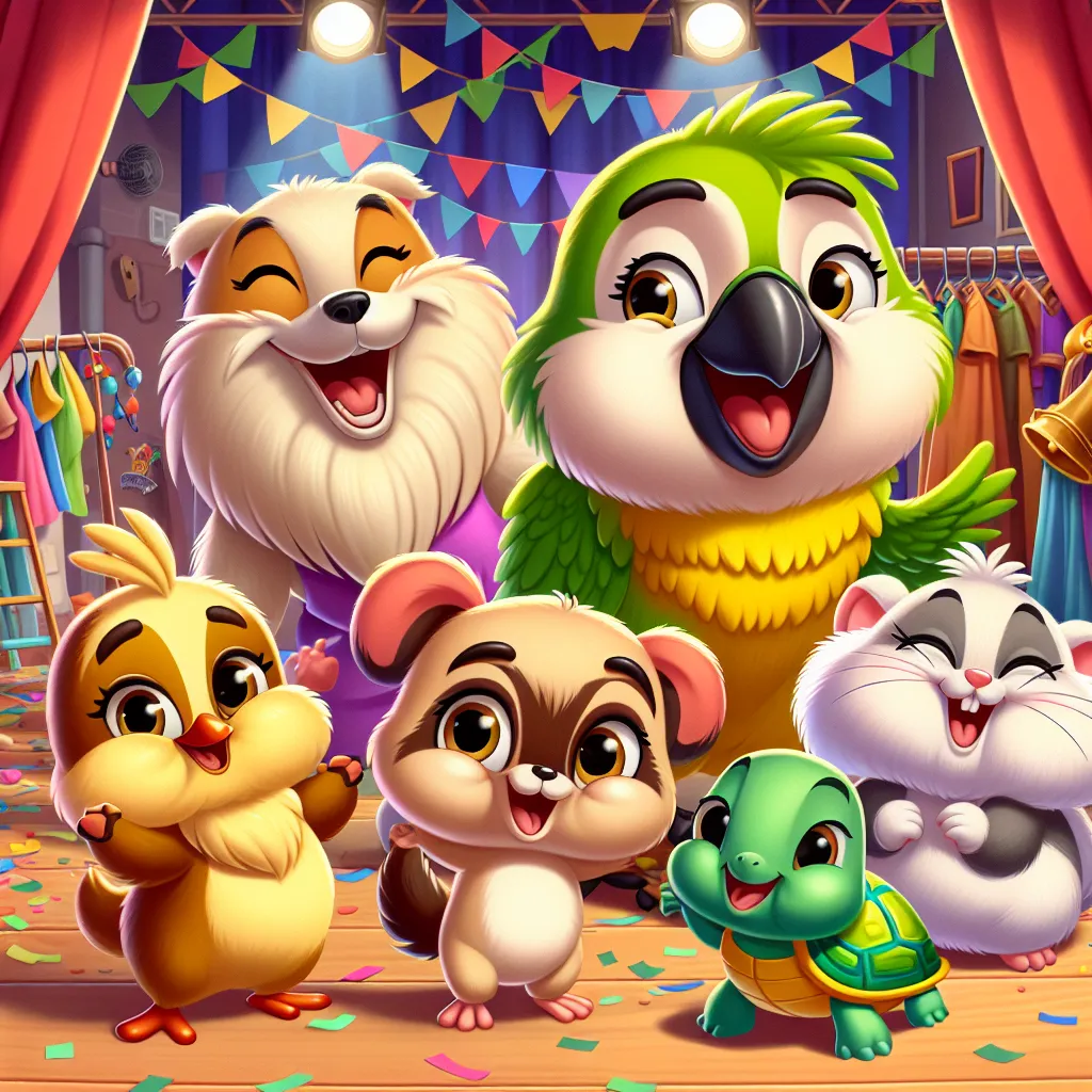 An animated image of various cartoon pets, including a parakeet, a dog, a hamster, and a turtle, all gathered together backstage after a theatrical performance. The pets are celebrating and laughing together, showcasing a moment of friendship and camaraderie.
