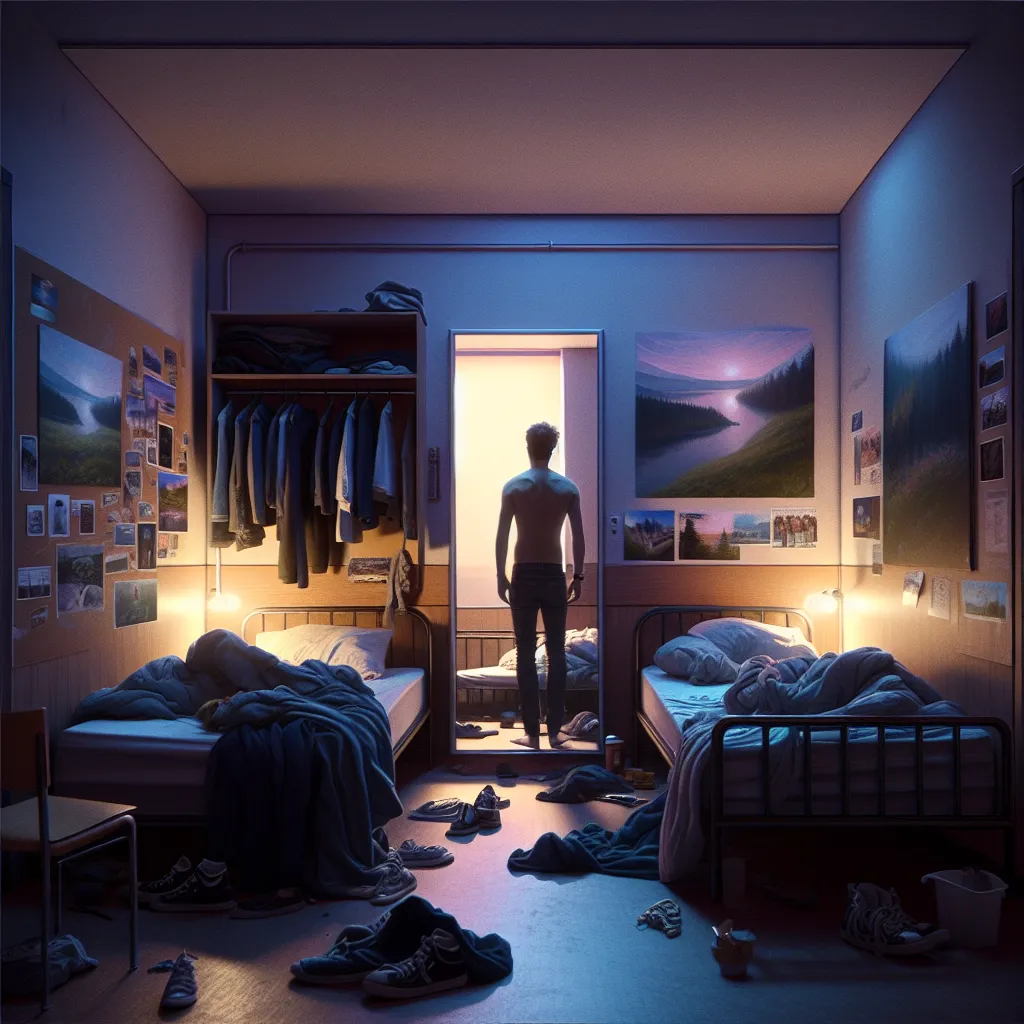 In the accompanying image, we see a dimly lit, cluttered dorm room with a full-length mirror against one wall. The room is in the process of transformation, with the colors shifting from navy blue to pastel pink, and the environment becoming more feminine, adorned with scenic landscapes and inspirational quotes. The viewer's attention is drawn to a figure, formerly Evan, now transformed into Eva, standing in front of the mirror, distress evident on their face. Their reflection displays the chang