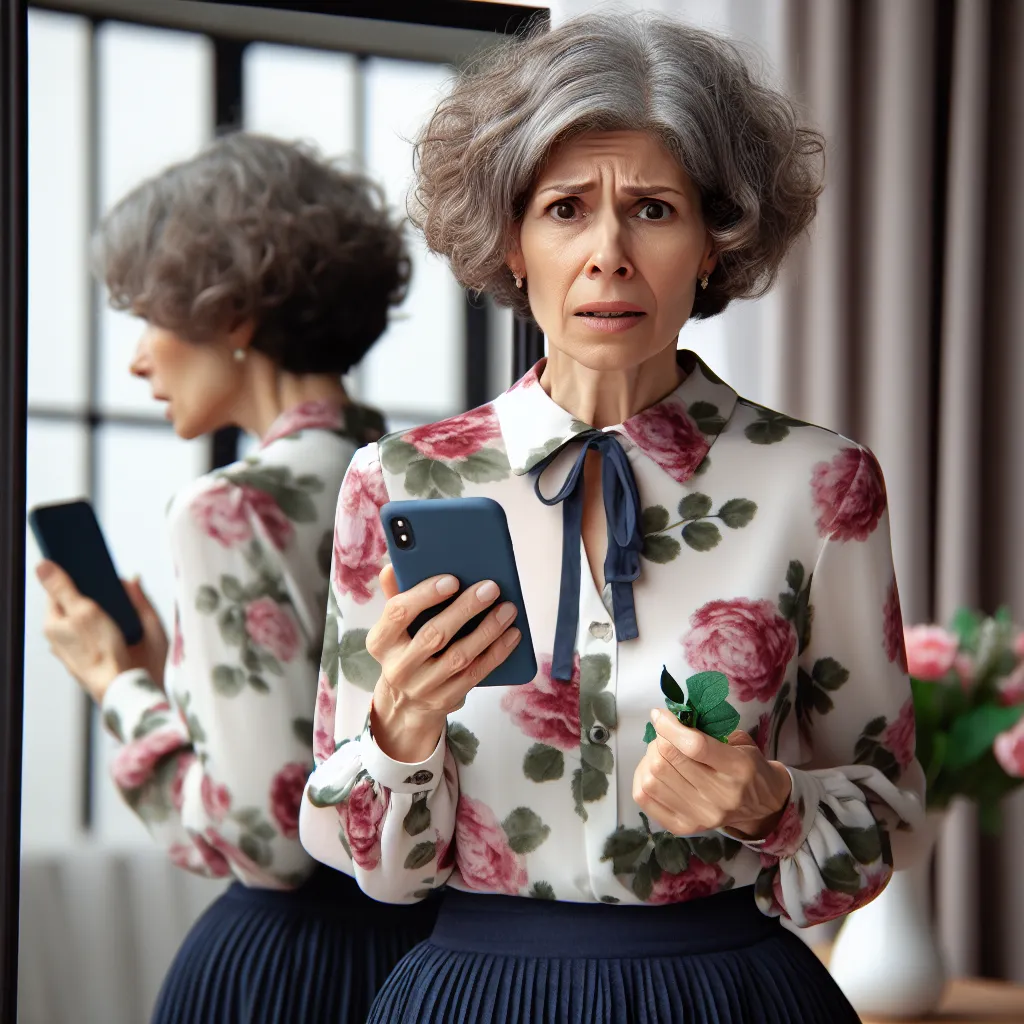 The requested description for the image is: "A middle-aged woman with short, curly gray hair wearing a floral blouse and a navy blue skirt stands in front of a mirror, looking confused and distressed. She holds a phone in her hand while a small bouquet of flowers sits on a nearby table."