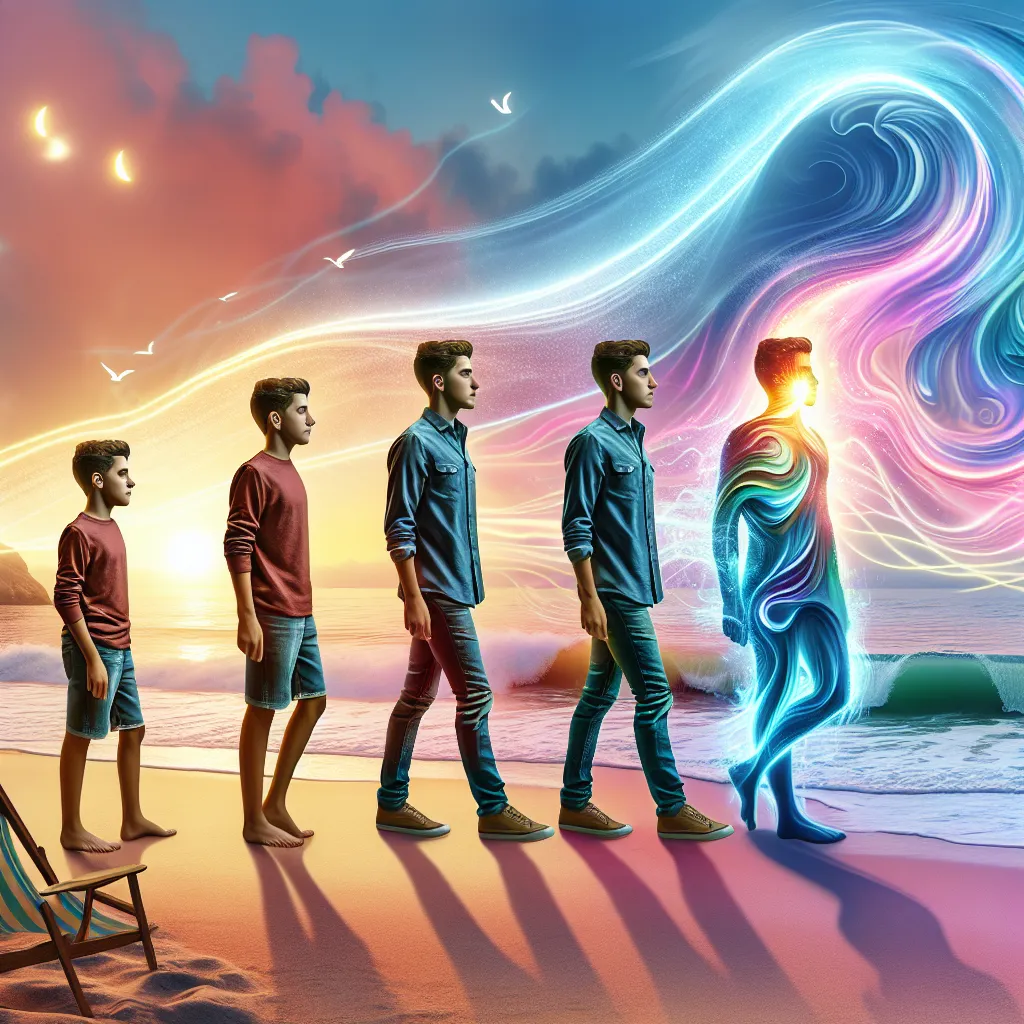 A young boy named Brian Foster transforms into a 23-year-old woman named Randi Perkins at the beach, embracing her new identity with grace and confidence.