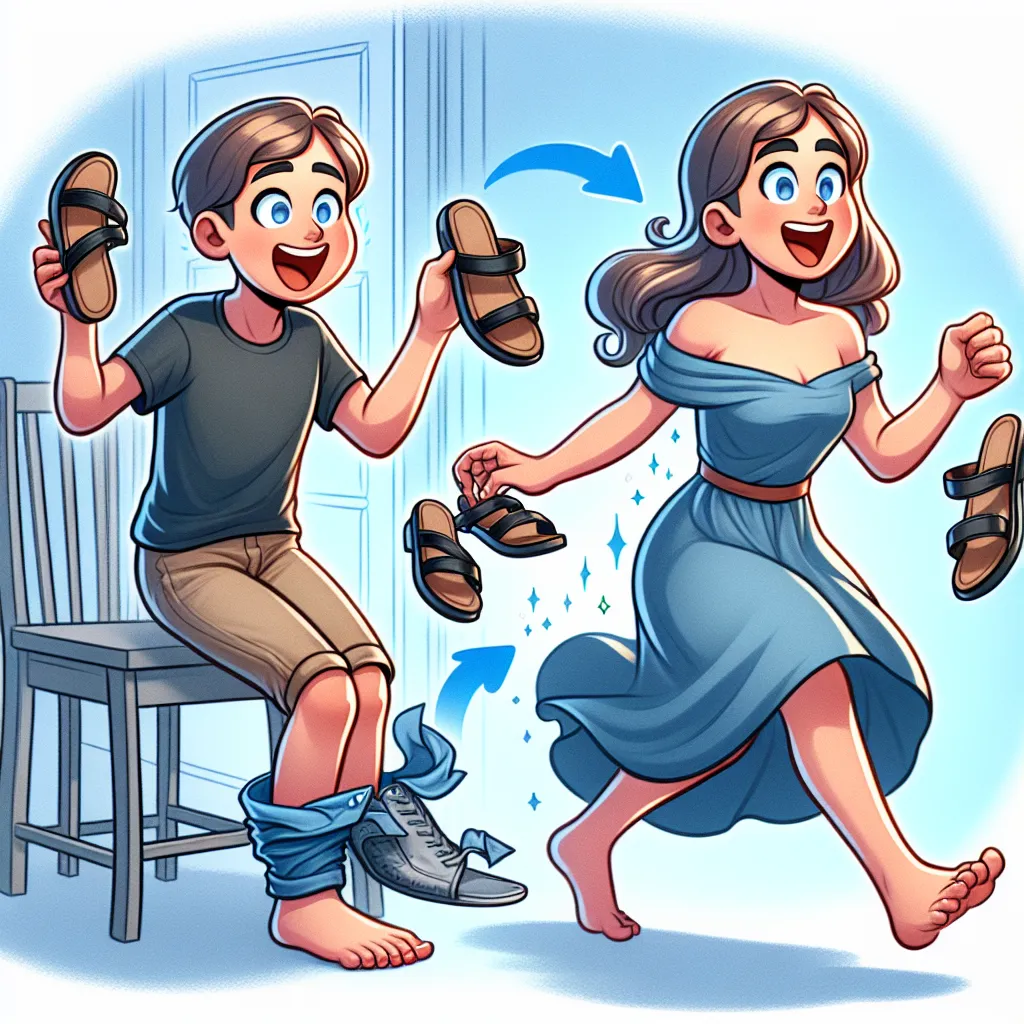 The image depicts a young boy named Ethan accidentally transforming into a black woman named Chantelle as he tries on a pair of feminine sandals at a store. The transformation gradually changes his appearance, starting from his feet up to his head, resulting in a complete shift in identity. The illustration captures both Ethan's initial shock and Chantelle's confident stride as she embraces her new life.
