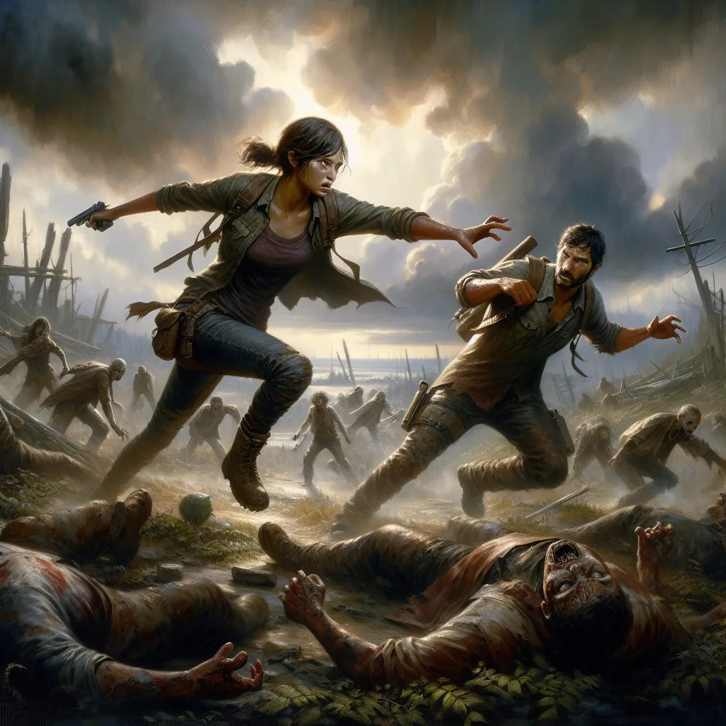 Laura, Gambit, Zombies, Battle, Survival in the style of Monet