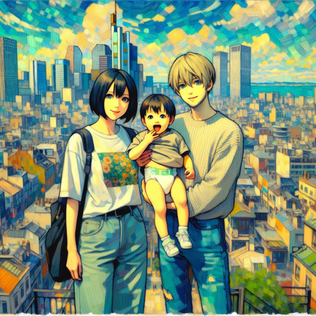 City, Videl, Pan, Diaper, Family in the style of Monet