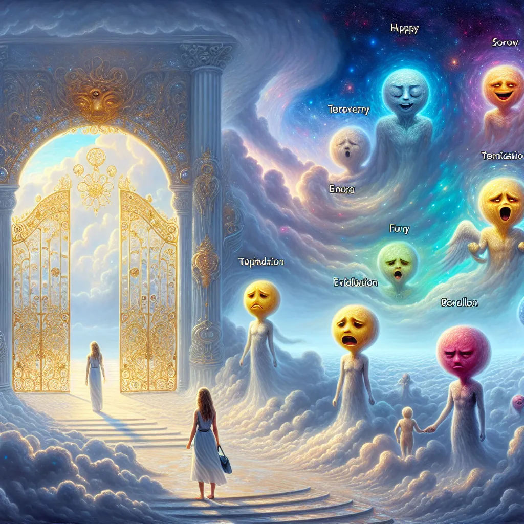 A serene scene in Heaven's Gates, with Riley standing before golden gates and a heavenly guide beside her. The Emotions, including Joy, Sadness, Fear, Anger, and Disgust, find themselves in limbo, floating in space, trying to understand their new existence. Riley explores her new eternal life, experiencing new emotions while reminiscing about her past. In the limbo, the Emotions encounter a wise figure who reveals their purpose: to connect with the emotions of other souls who need guidance, allo