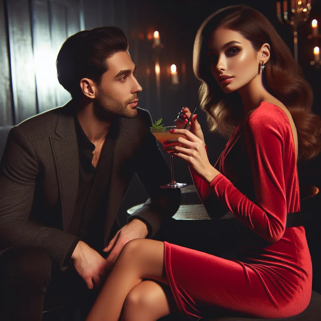 The image will depict a young woman and a man sitting at a table in a dimly lit club. The woman, Jamie, is wearing a tight red dress, high heels, and is holding a cocktail. The man is looking at her attentively, his expression reflecting the anticipation of hearing Jamie's revelation.