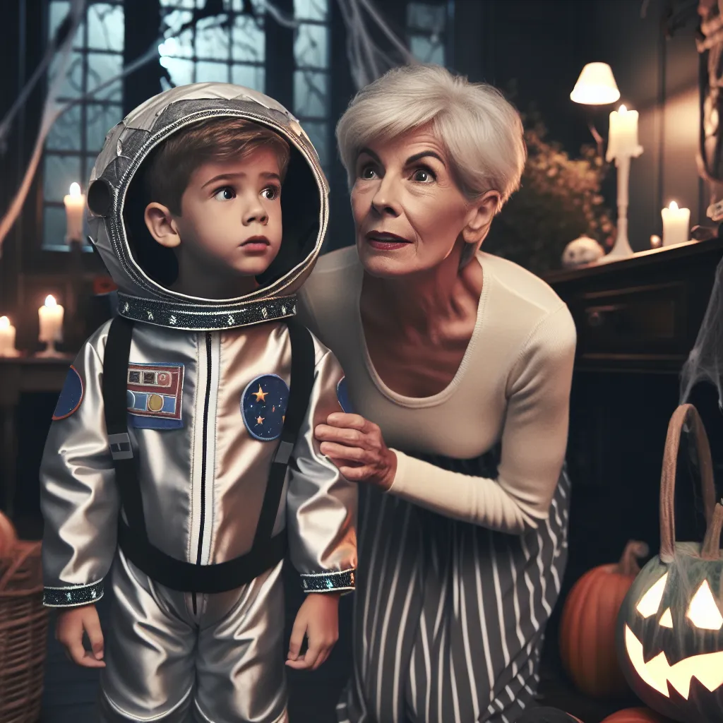 This image will depict a young boy in a silver astronaut suit, a woman in a provocative witch costume, and an older woman with short silver hair searching for the missing boy on Halloween night. The scene captures a blend of excitement, worry, and familial love as they navigate the hauntingly empty house.