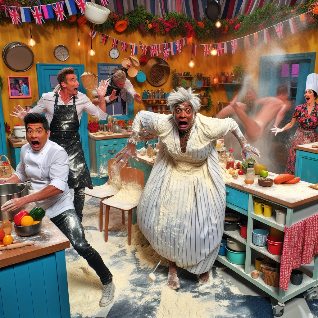 A humorous and dramatic scene in a chaotic kitchen as a man finds himself in his mother's body for a reality TV show. Flour splattered faces and wardrobe mishaps ensue while dealing with awkward situations and unexpected guests.