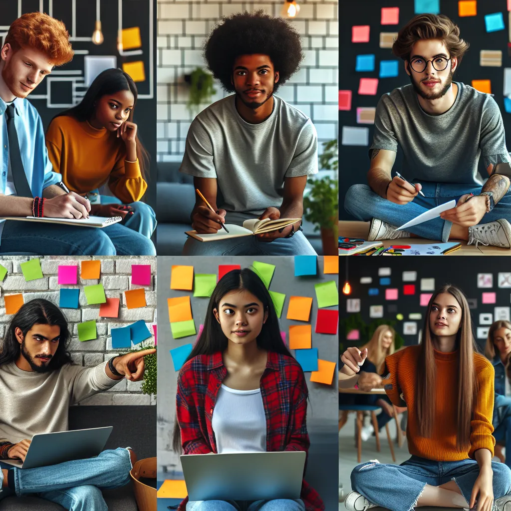 Description: A group of diverse young people engaged in creative activities, brainstorming ideas, and collaborating in a vibrant and innovative workspace.