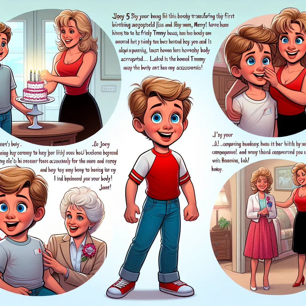 Joey, a curious and lively 5-year-old boy with light blond hair and bright blue eyes, celebrates his birthday with his loving mother, Lisa, and endearing grandmother, Mary. Excited about his first visit to his friend Timmy's house, Joey finds himself inexplicably transformed into Janet, a 65-year-old woman. Panicked and confused, Janet grapples with the unfamiliar body, adorned in a red halter top, black skirt, and platform sandals. Desperate to remove the eight pieces of jewelry adorning her bo