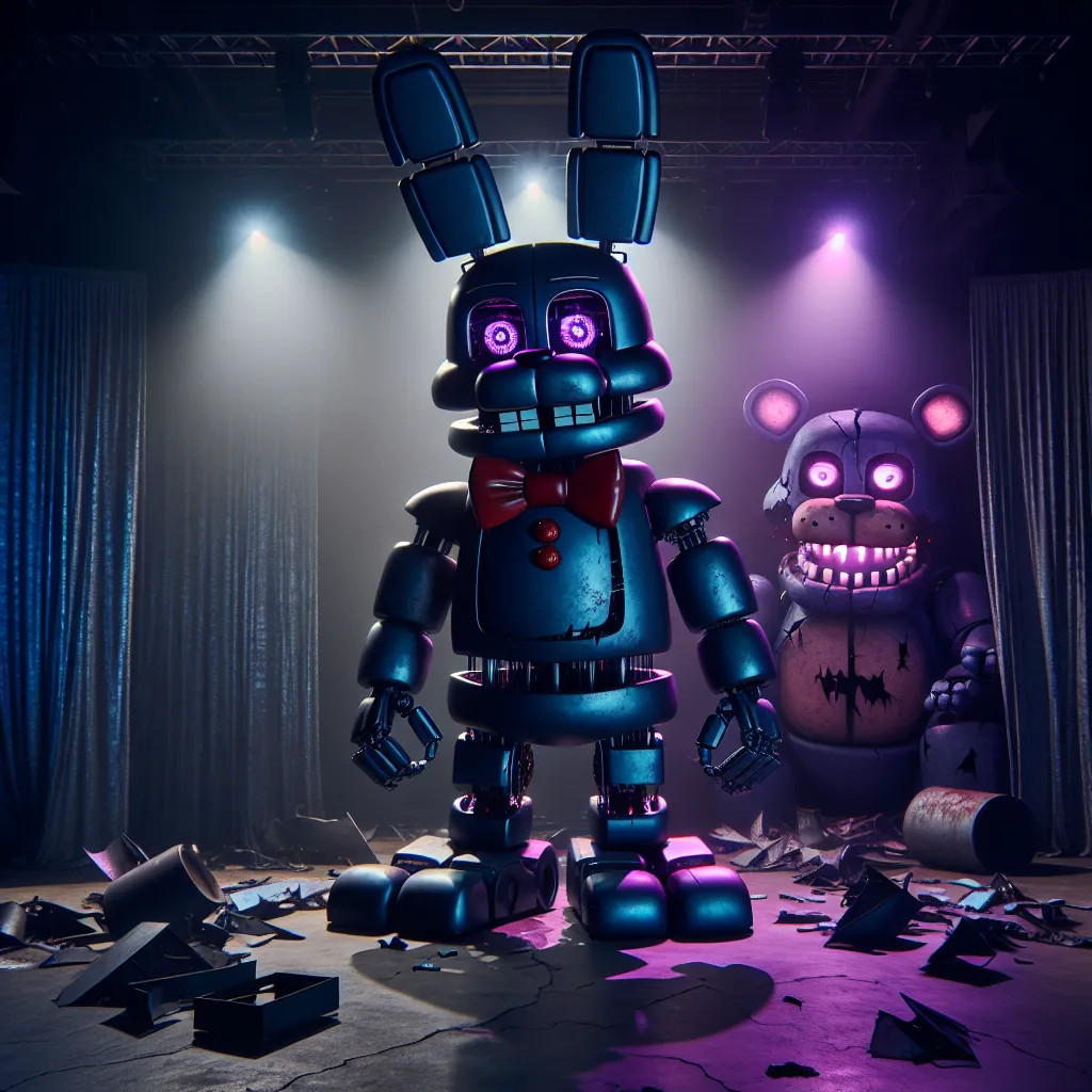 A dimly lit, eerie stage in a rundown animatronic-themed venue. In the foreground, a towering, dark blue robotic rabbit with glowing magenta eyes and bulky, segmented limbs stares forward with a conflicted expression. Its metal frame sports a large red bowtie and three-toed feet crushing scattered security gear. Behind it, a sinister animatronic bear with glowing mauve eyes and an unnervingly wide grin looms in shadow. Flickering static overlays and faint monochrome lighting add a nightmarish, s