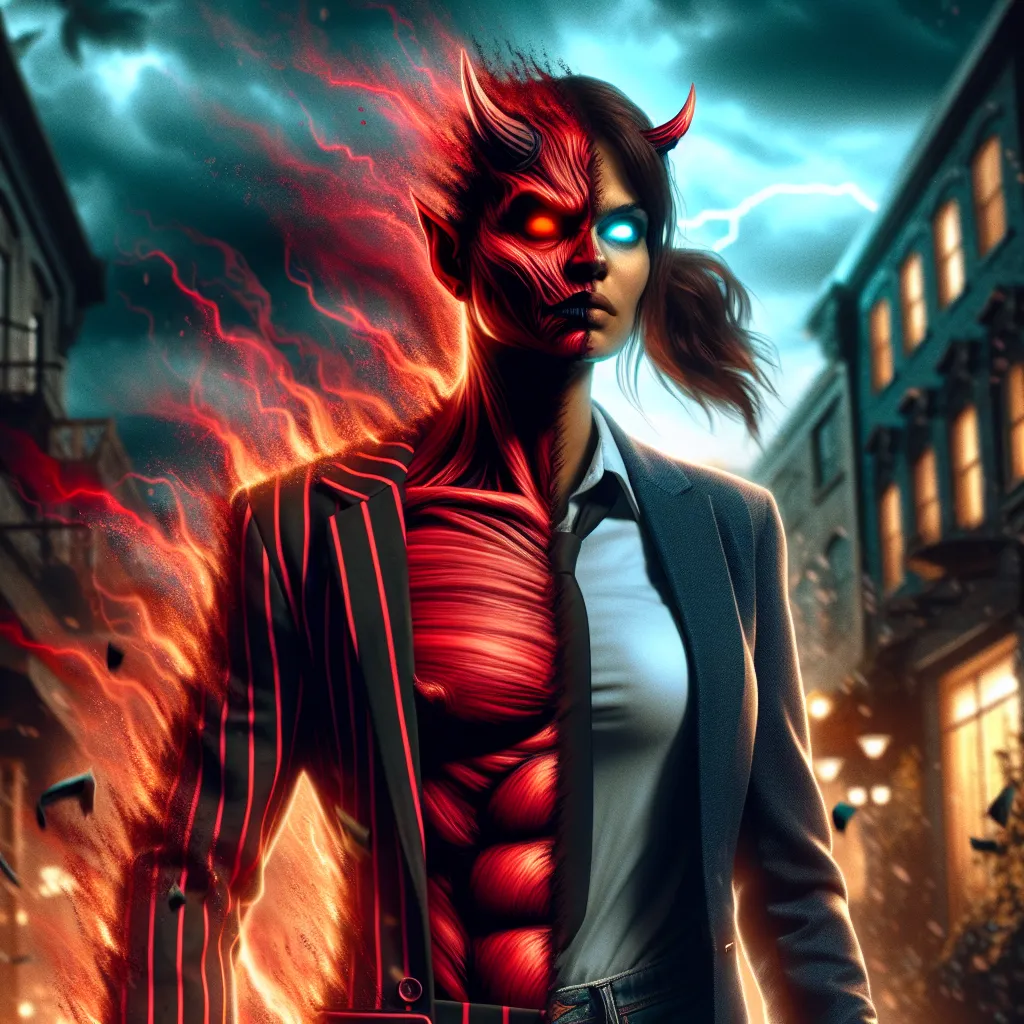 The image accompanying this story will depict a dramatic transformation. In the foreground, the Radio Demon Alastor, wearing a red pinstripe coat, is shown starting to change. The colors around him blend and blur as his body begins to shrink and transform. His skin darkens and his features become more human-like. His red sclerae and irises change to calming cyan hues. He goes from being a tall, imposing figure to a robust yet elegant young woman with dark brown hair pulled up into a ponytail. In