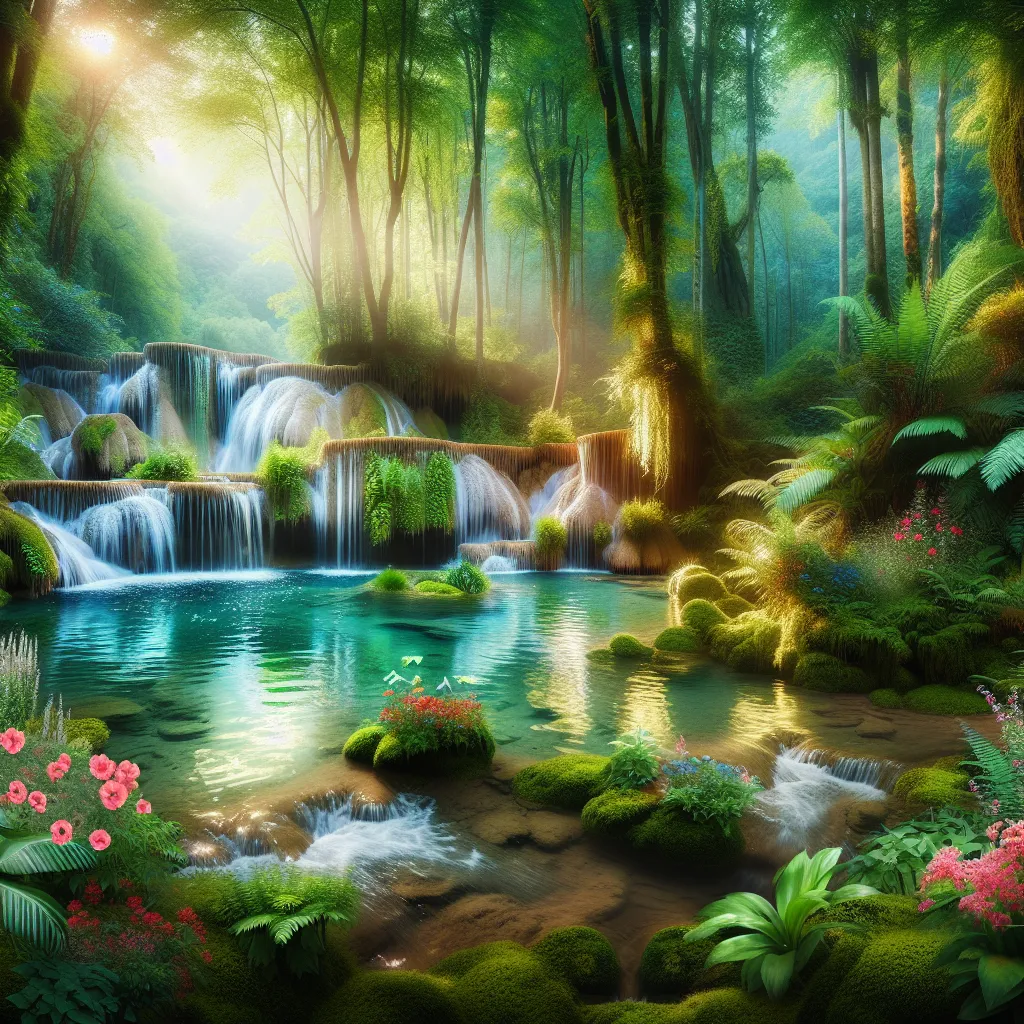 "An enchanting forest scene with a shimmering waterfall cascading into a crystal-clear pond, surrounded by lush greenery and vibrant flowers."