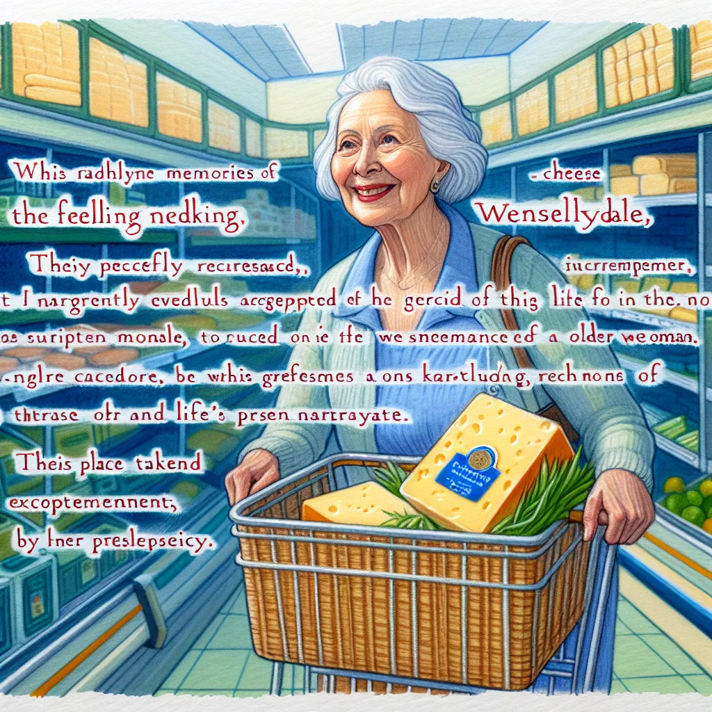 A woman named Helen, in her 60s, embarks on a grocery shopping adventure, searching for a cheese called Wensleydale. As she navigates the store, memories of a young boy named Jason quickly fade away, leaving her content in her role as an older woman. The transformation is complete, and she embraces her life with peace and fulfillment, unaware of her former existence.