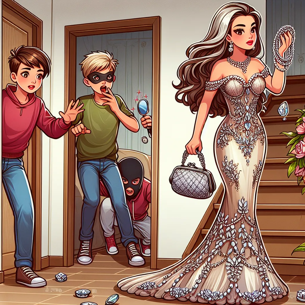 A young boy named Jimmy accidentally transforms into an adult woman named Michelle while preparing for a date night. Michelle's appearance and outfit are described in detail, including her jewelry and makeup. As she gets ready, there is a commotion downstairs and she is confronted by masked men who demand her belongings. After a tense exchange, the men leave with her purse, but Michelle is relieved that they didn't take her jewelry.