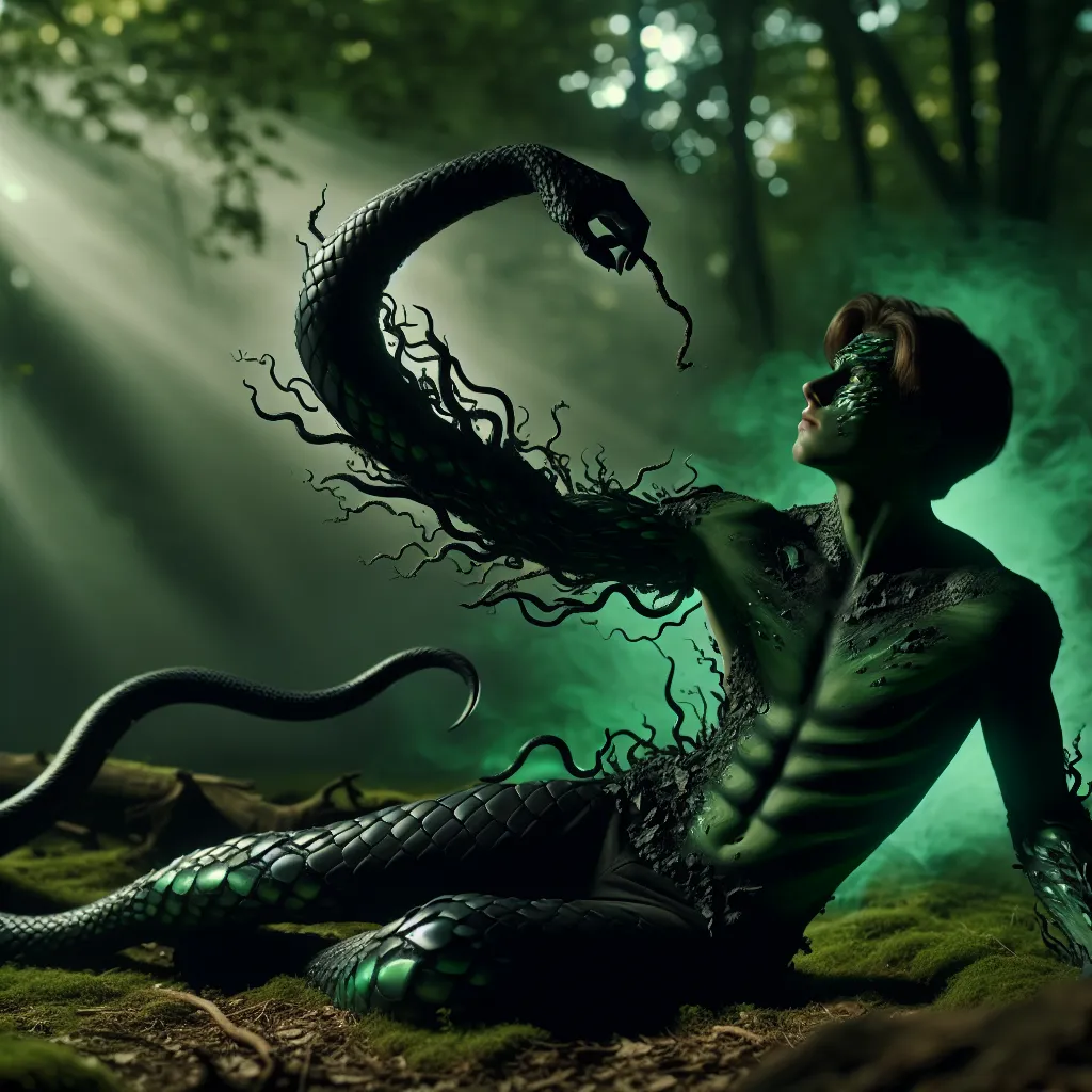 An image of a person going through a transformative process in a forest. The person's skin is turning into black and green scales, their limbs elongating and becoming serpentine, and their face morphing into a snake-like muzzle. They are surrounded by a strange green light and have a determined expression, ready to protect the Earth as a powerful serpent-like creature named Zygarde/Cybele.