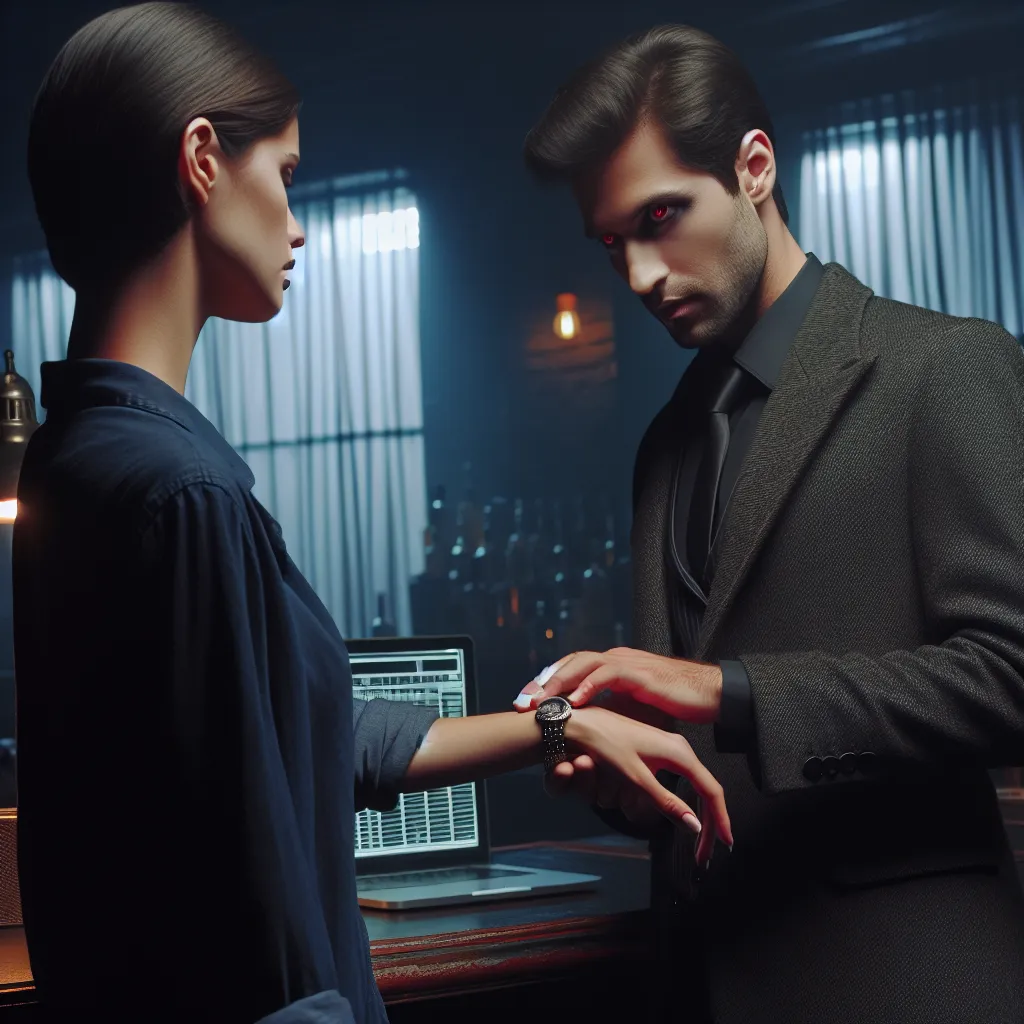 An image of Mara Donovan and Elisabeta in a dimly lit office at The Velvet String nightclub. Mara, a human with a steady gaze, offers her wrist to Elisabeta, a hesitant vampire standing nearby. The atmosphere is tense but filled with a sense of trust and understanding between the two characters.