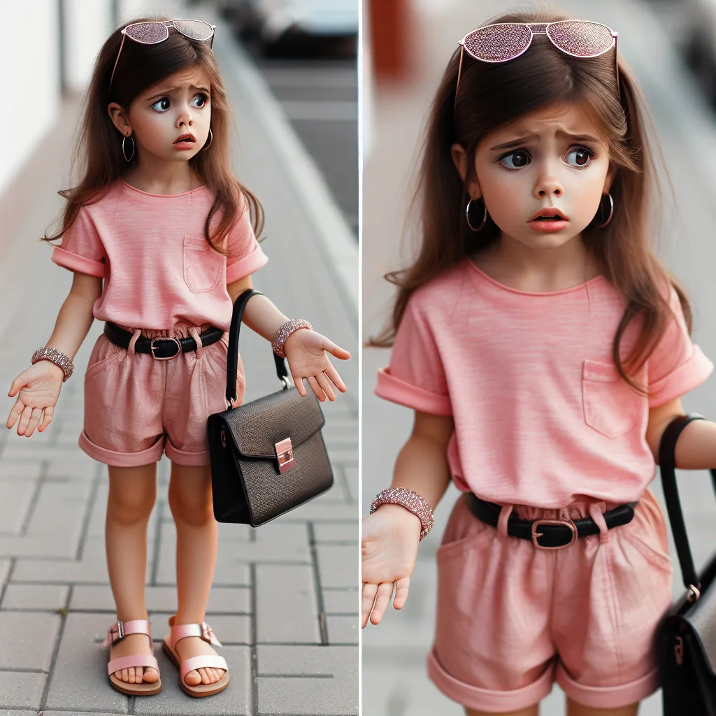 A young girl named Megan, wearing a pink crop top, short shorts, and sandals, stands on a street. She clutches a black purse and accessorizes with a bracelet, hoop earrings, a sparkly hairband, and sunglasses. She appears confused and worried as she walks away, trying not to trip.