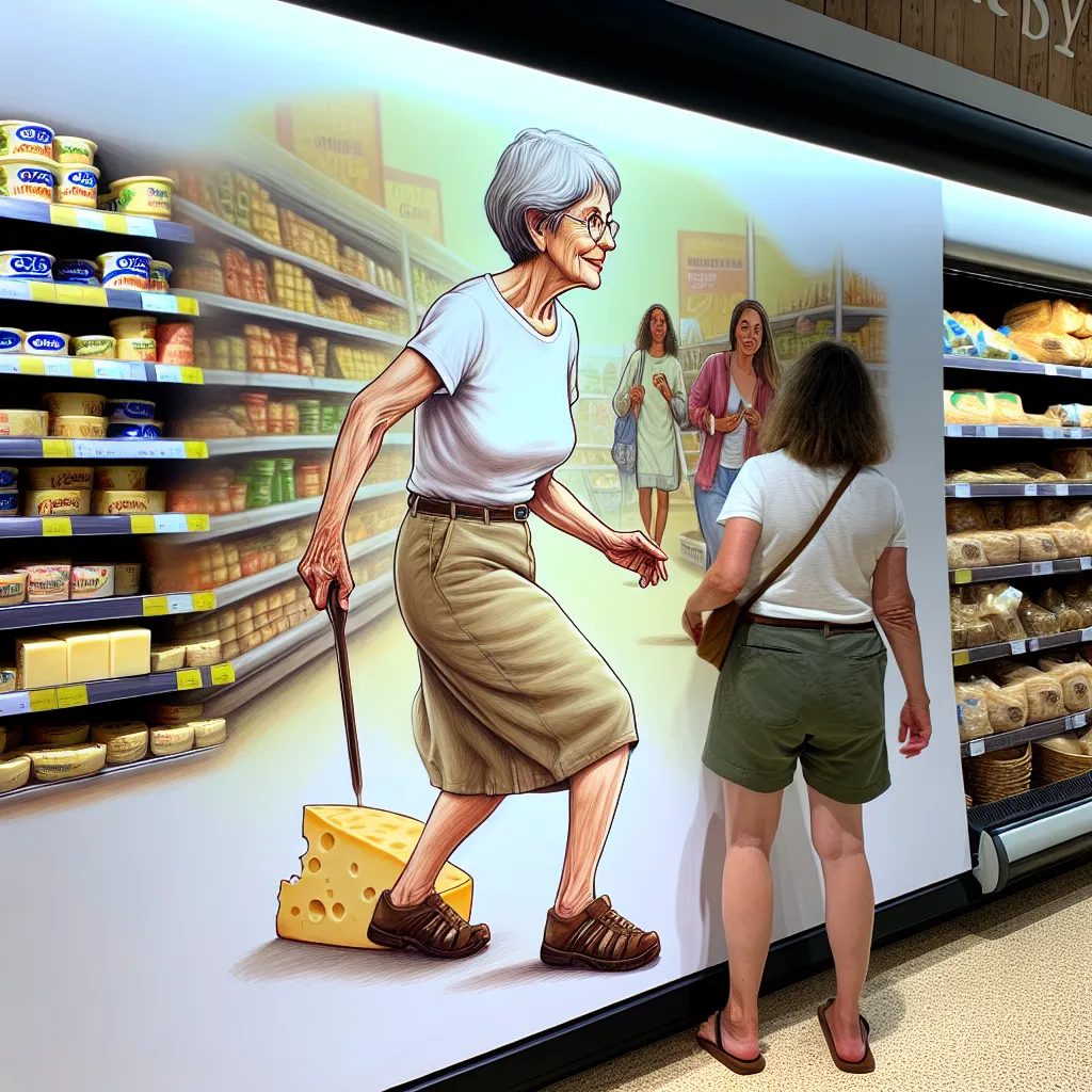 A depiction of Beatrice, an older woman in her sixties, searching for Gruyère cheese in a grocery store. She is described as having short silver hair, deep brown eyes, and wearing a white t-shirt, khaki shorts, and comfortable old lady sandals. Beatrice displays determination and persistence as she navigates the aisles, displaying moments of trepidation and interaction with other characters in the store. The image should capture the essence of Beatrice's journey and her satisfaction upon finding