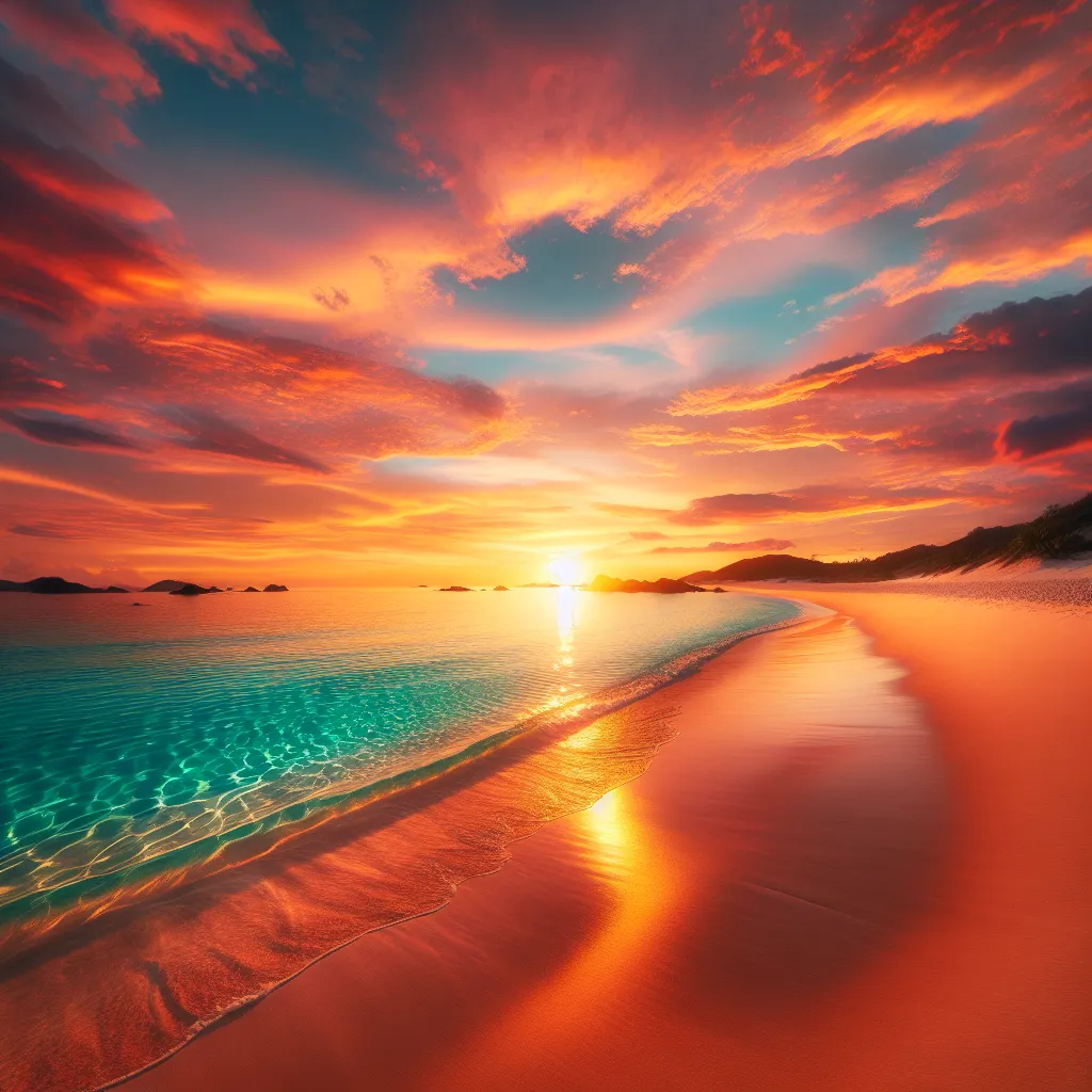 A serene beach scene with golden sands, crystal clear turquoise waters, and a vibrant sunset painting the sky in shades of orange and pink.