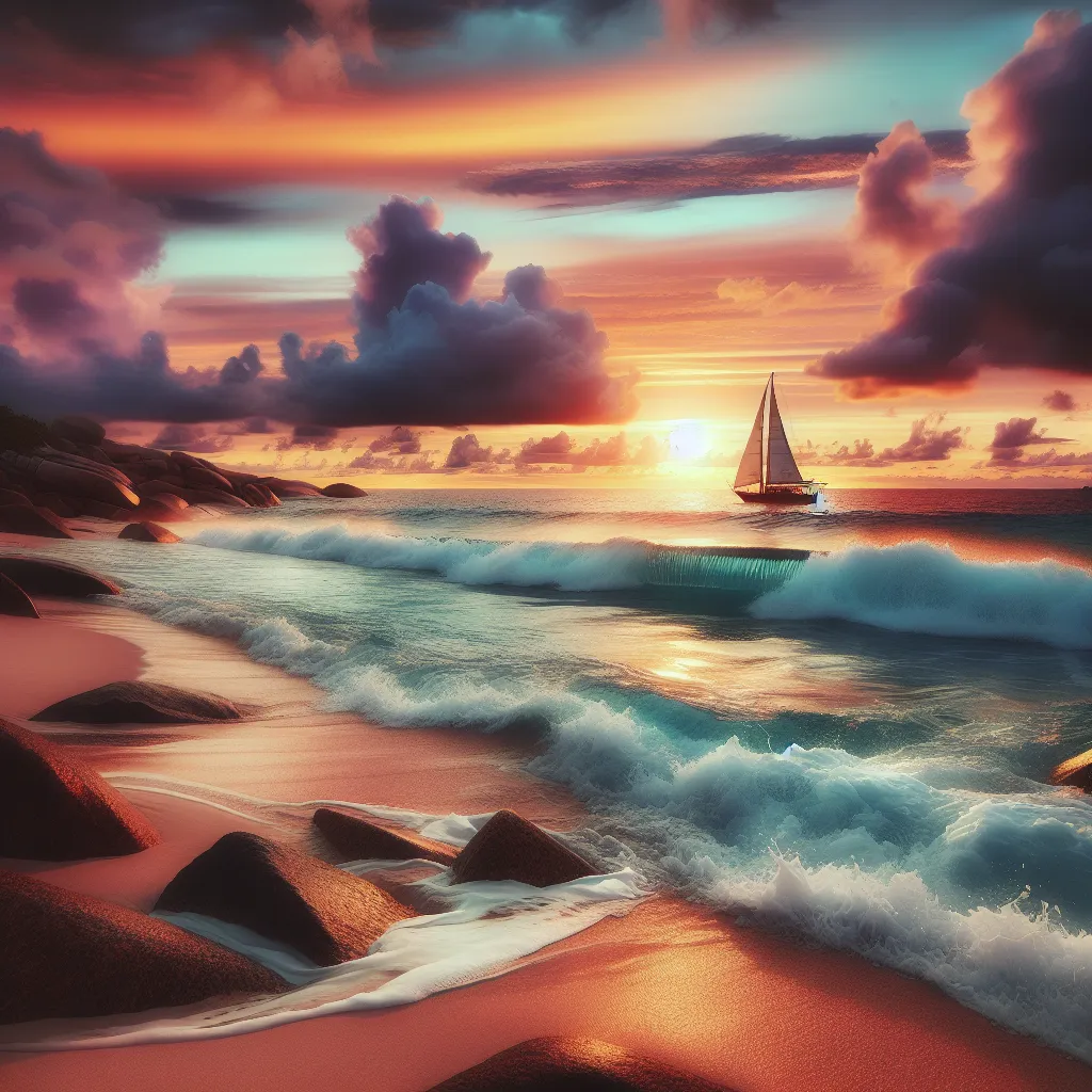 A deserted beach with waves crashing against the shore as a lone sailboat sails in the distance under a colorful sunset sky.