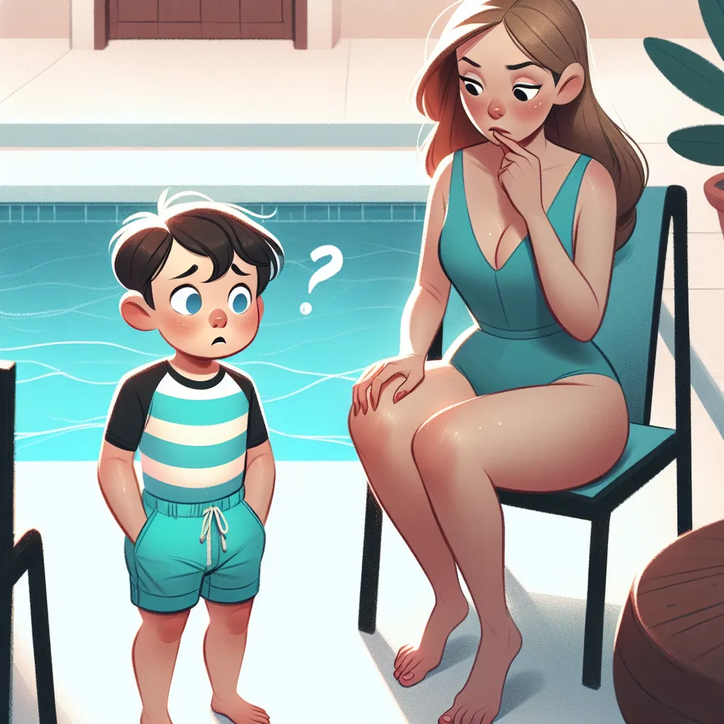 An image of a boy named Alex and a woman named Clara, sitting by a pool. Alex is in his new body as Clara, wearing a bright turquoise bikini, with a confused expression on his face. Clara, now in Alex's body, is sitting in a chair next to Alex, looking down at her new hands and wearing a reflective, uncertain expression.