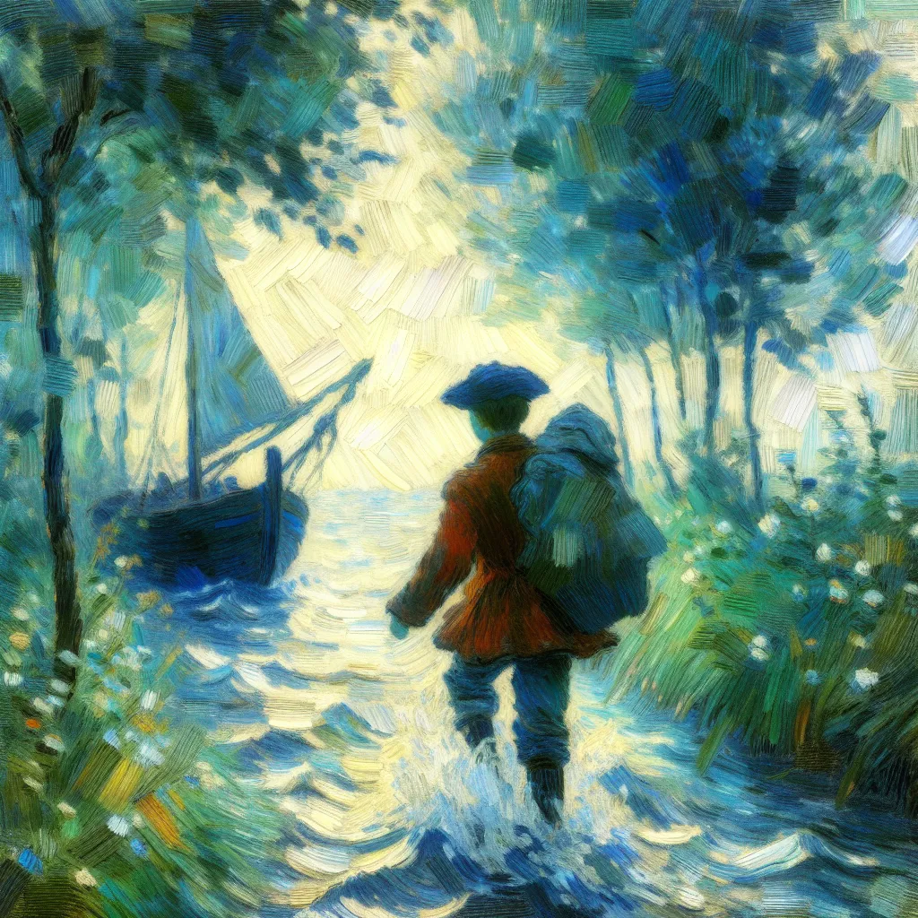 Boy, Adventure, Identity, Transformation, Journey in the style of Monet