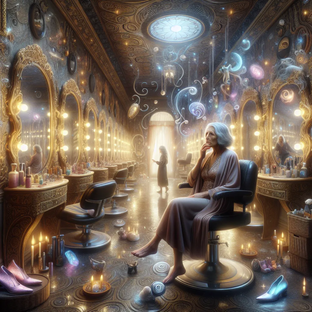 A young boy named Benjamin, trapped in a mysterious dream world, faces a fateful choice with magical shoes that transforms him into a grown woman, entwined in an endless cycle of dreams gone wrong. The image captures the boy-turned-woman in a hair salon adorned with mirrors, shoes, and mystical notes, reflecting the conflicting emotions of wonder and despair within the surreal setting.