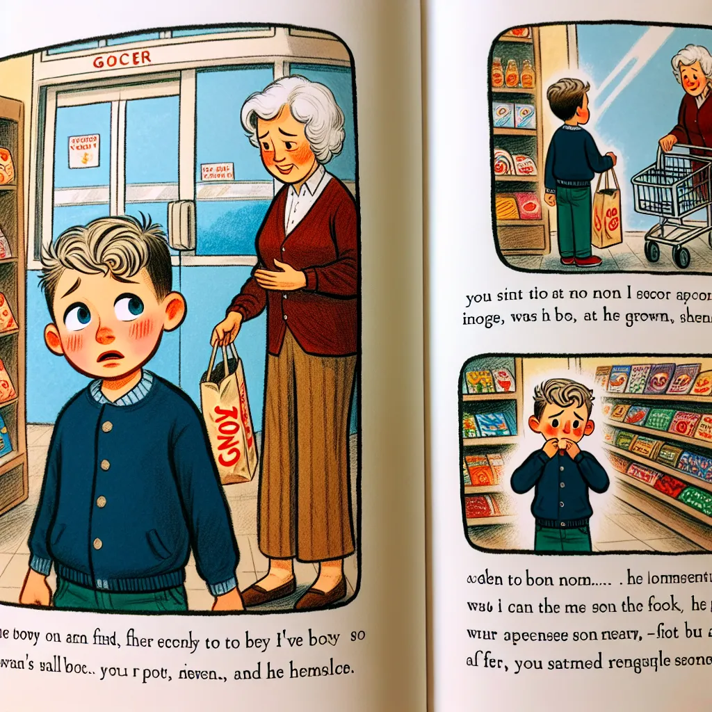 An illustration featuring a six-year-old boy named Tom at the grocery store for the first time, standing with a kind woman named Sandra. Tom's excitement turns to confusion as he suddenly transforms into Sandra, feeling lost and wishing to be himself again. After a moment of uncertainty, Tom embraces his bravery, reverts back to himself, and with gratitude and confidence, completes his candy and soda purchases before heading home to share his adventure with his loving family.