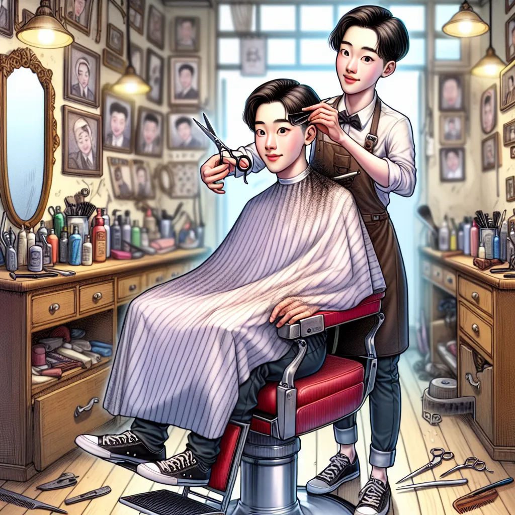 A transformative story of a young boy named Tommy switching bodies with a Korean barber, Mrs. Kim, and navigating their new lives. Tommy struggles with the changes while trying to find a way back to his old self. The image should capture the essence of transformation and resilience as Tommy adapts to his new identity as Mrs. Kim.