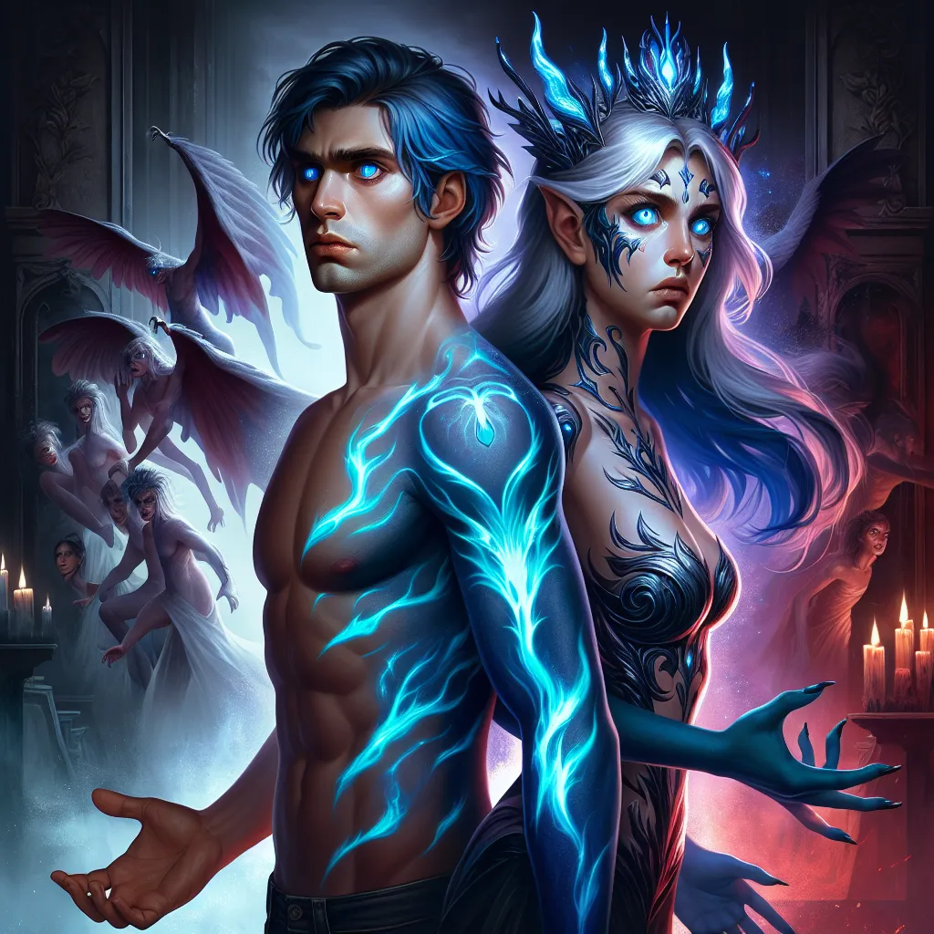 An image of Kazuma and Aqua, two characters from a horror-themed story, standing back-to-back with their bodies swapped. Kazuma is depicted in Aqua's divine form, with blue hair and an ethereal glow, while Aqua is portrayed in Kazuma's human form with a perplexed and distressed expression. The background shows a dark, eerie setting with hints of the fantasy world they find themselves in.