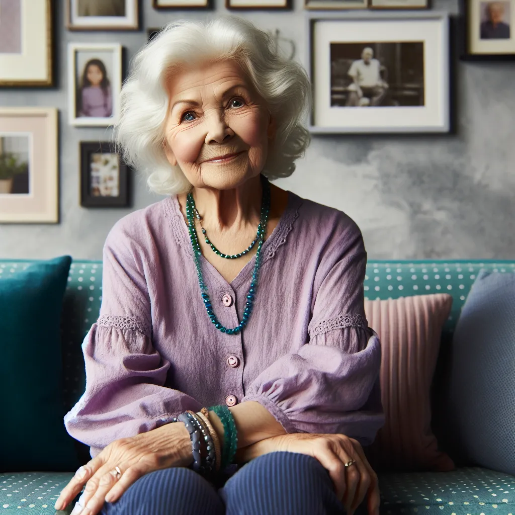 **Description for Image:** An elderly grandmother with silvery white hair, dressed in a lilac tank top and navy blue shorts, adorned with various jewelry pieces, sitting on a teal-dotted couch with family photos in the background.