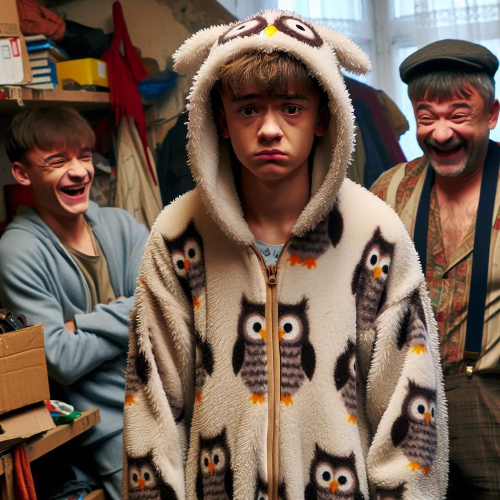 A teenage boy wearing a fluffy onesie patterned with cartoonish owls, a bib, a baby bonnet, and an oversized pacifier in his mouth stands in a cluttered room. His face is flushed with embarrassment as two menacing figures, a large man and a chubby teenager, stand beside him, laughing and mocking his appearance.