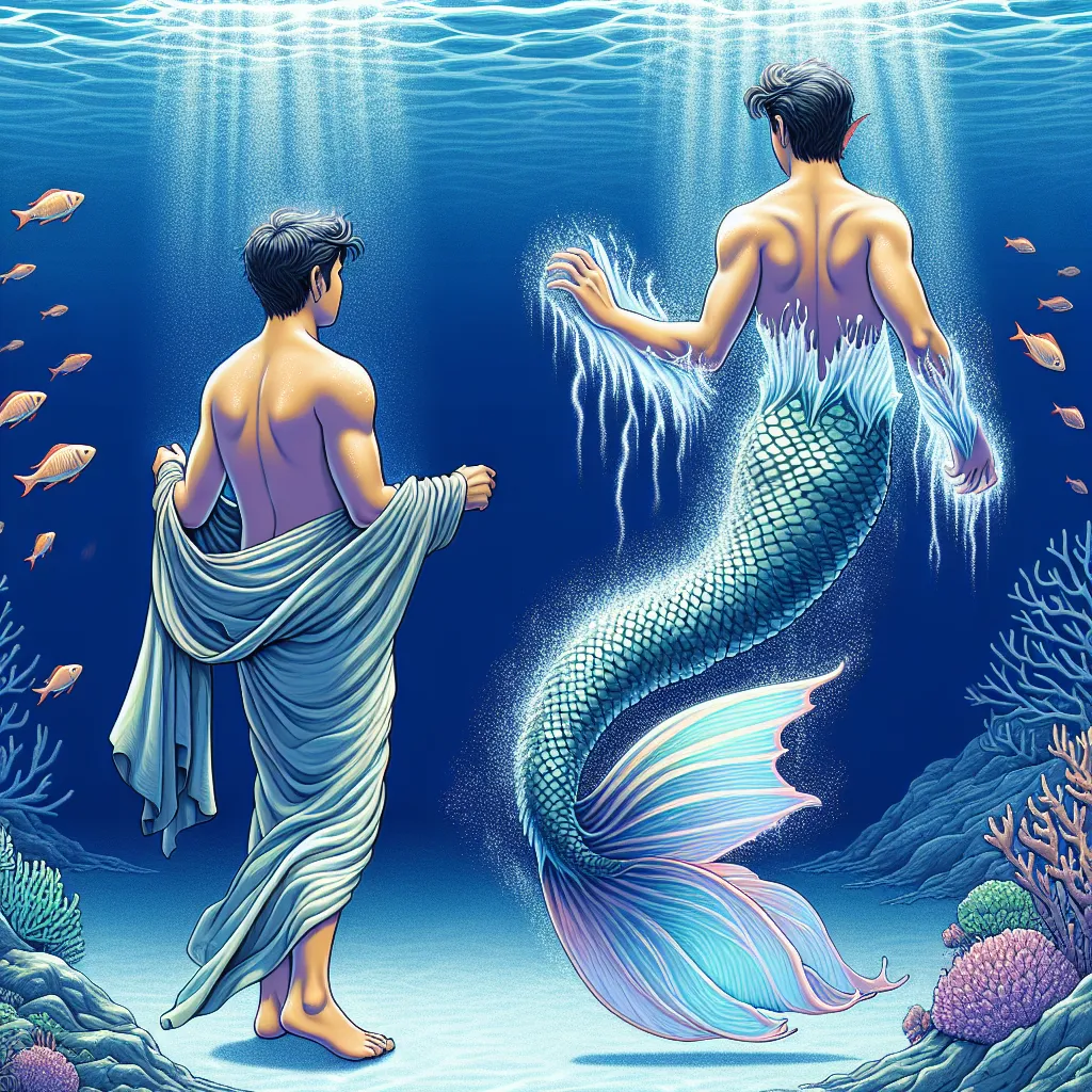 An illustration of a person undergoing a transformation into a majestic sea creature, with their newly formed tail propelling them forward in the depths of the ocean.