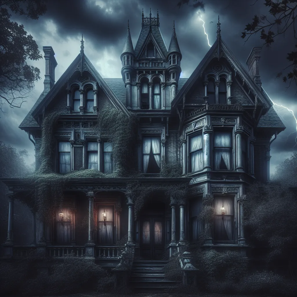 An eerie image of an old Victorian mansion at dusk. The house is dilapidated, with cracked windows and overgrown ivy crawling up its walls. The sky overhead is dark and stormy, with lightning illuminating the scene. The mansion appears ominous and foreboding, hinting at the horrors that await inside.