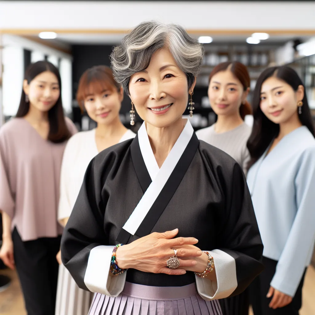 A Korean woman stands proudly in her well-kept salon, surrounded by her three colleagues. She wears traditional Korean attire, with short, gray-streaked hair in a Korean style called "Eonjeunmeori." She is adorned in 10 pieces of jewelry, including a wedding ring and a pearl necklace from her grandmother. The woman is smiling warmly, ready to welcome a customer and provide excellent hair services.