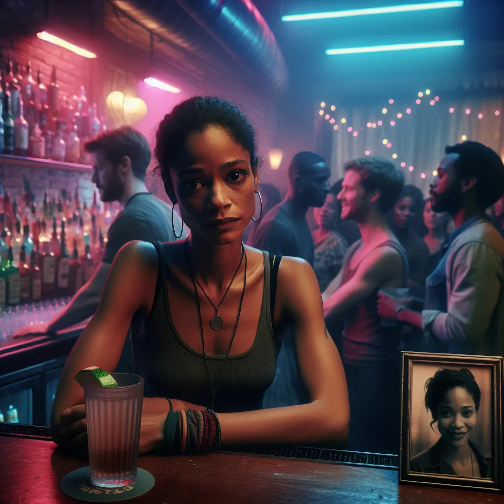 A woman tends bar in a dimly lit nightclub, haunted by the absence of her missing sister. Customers clamor for drinks while the throb of music fills the air, offering a temporary escape from her grief. An image of her sister in a photograph, frozen in time, serves as a poignant reminder of loss. Hope and despair intermingle as she navigates the night, longing for her sister's return.