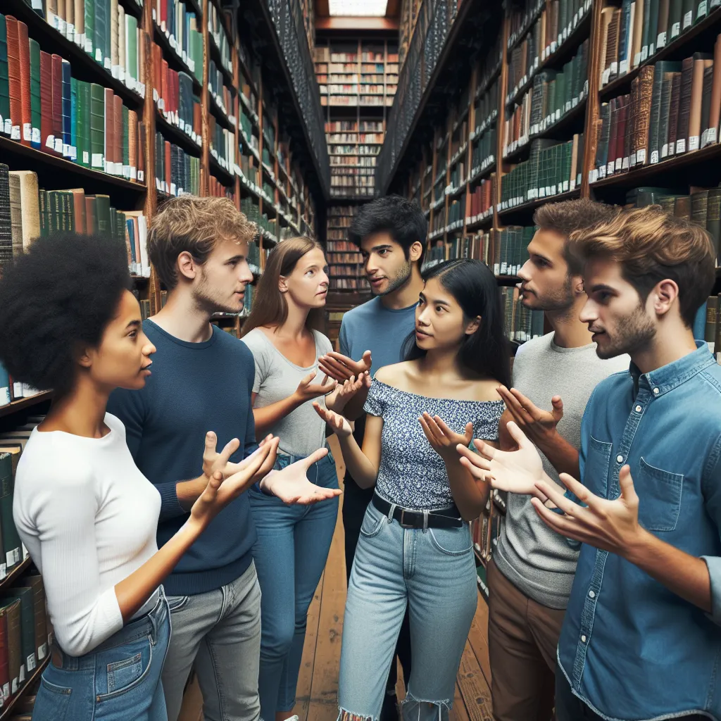 A group of diverse young adults surrounded by books in a library, engaged in intense conversation and trying to understand each other despite language barriers.