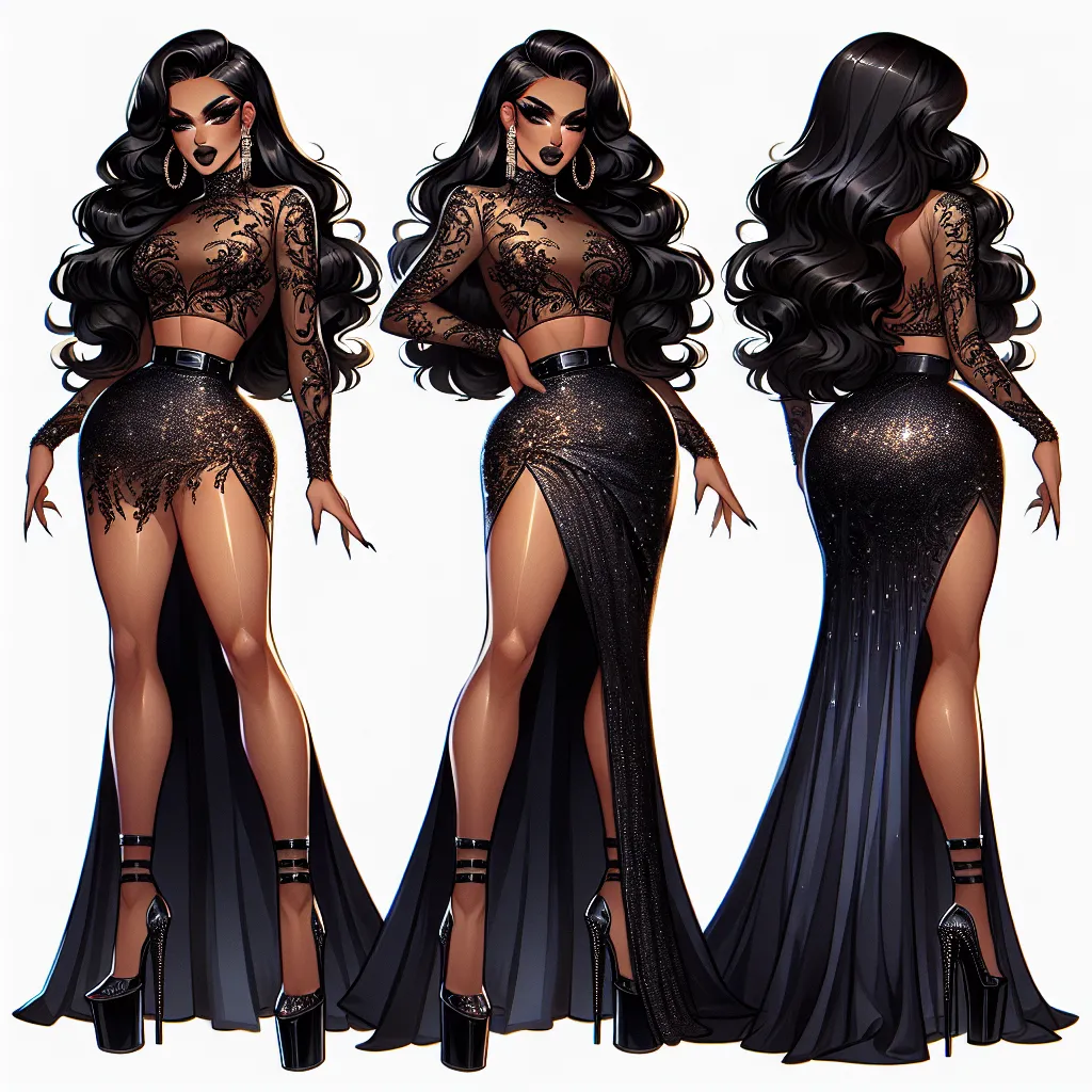 This image will portray a confident and glamorous drag queen, named Jasmin, who has undergone a powerful transformation. Jasmin will be shown wearing a stunning clubbing outfit, including a tight mini skirt, a glittering crop top, and high platform sandals. Her long, luscious black hair will be styled in waves, cascading down her back, and she will have expertly applied makeup. Jasmin will exude charisma and pride as she struts confidently, ready to embrace her new identity and take on the world