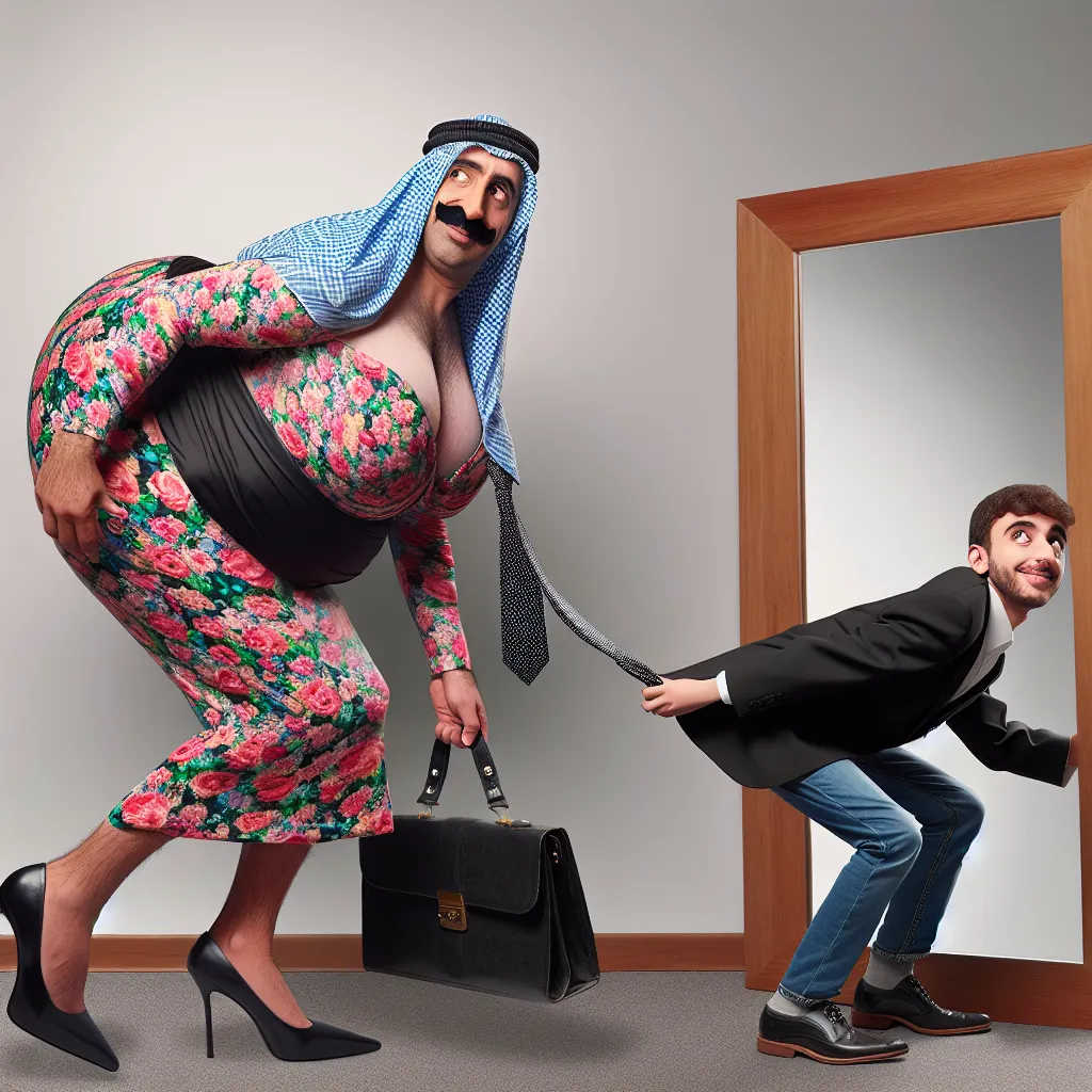 The image accompanying this story is a comical depiction of a man wearing high heels and a floral dress, trying to balance in an awkward manner while standing in front of a mirror. He is being assisted by a younger person, who is struggling to dress him in a black blazer and ill-fitting dress pants. This image captures the humorous situation of a father accidentally swapping bodies with his wife and having to navigate their respective wardrobes, resulting in a hilarious and mismatched outfit.