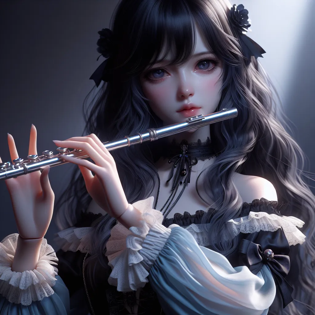 The image depicts a young woman with silky black hair and expressive blue-gray eyes, dressed in a fashionable Lolita-inspired outfit. Despite her beauty, there is a sense of isolation and vulnerability in her demeanor. The image captures her playing a classical flute, which serves as her refuge and source of solace. The background is shrouded in shadows, symbolizing the torment and struggles she faces due to her rare disorder.