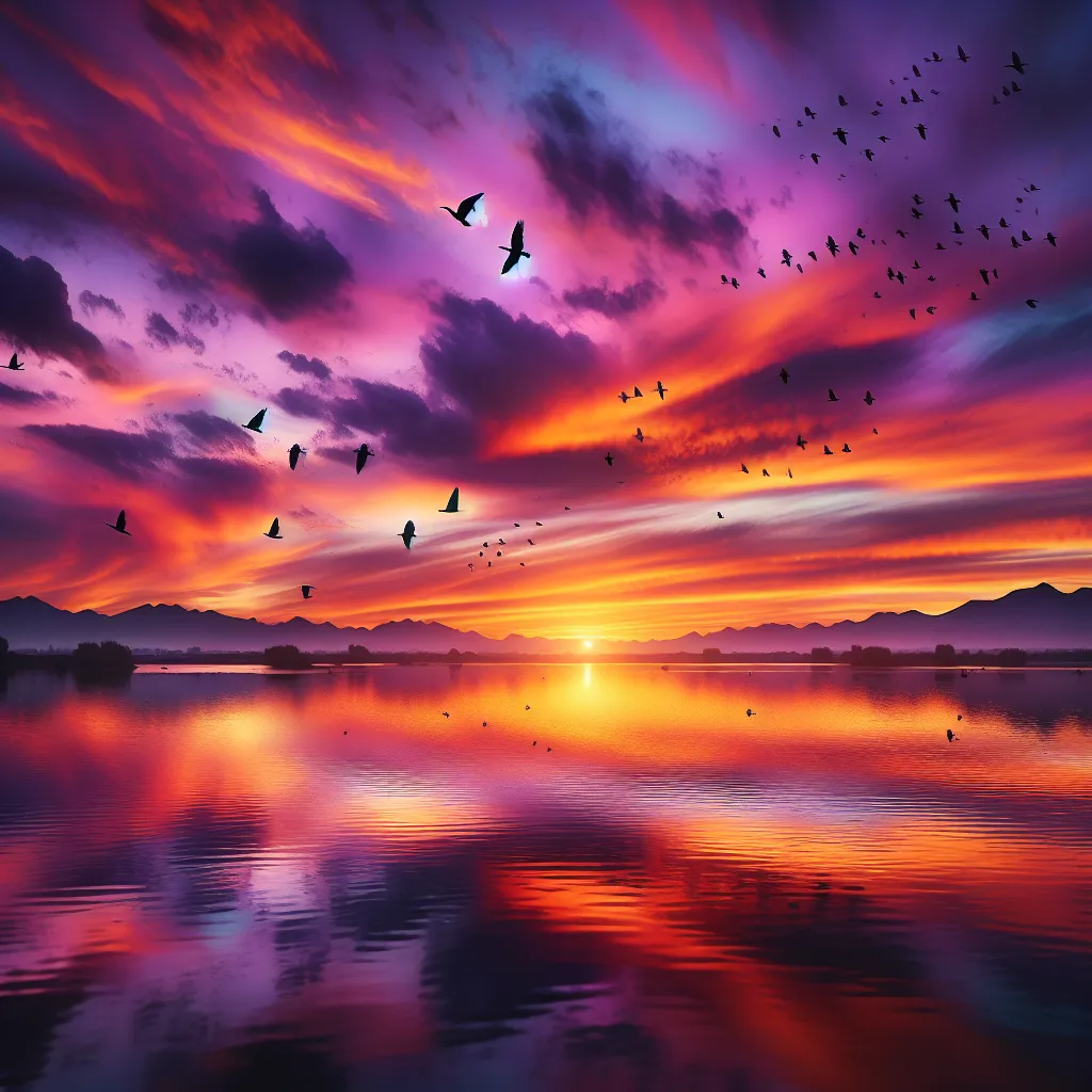 A beautiful sunset over a serene lake, with vibrant colors reflecting on the water's surface as birds fly gracefully in the distance.