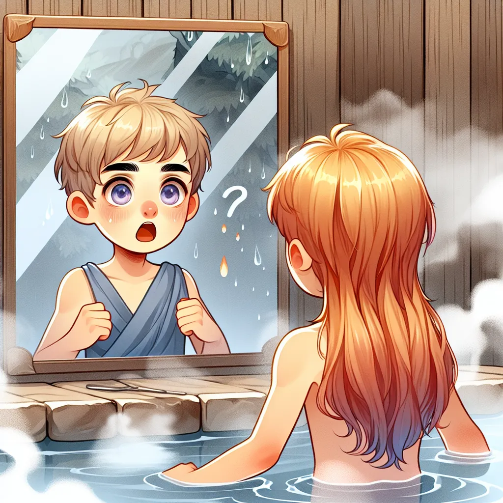 The image accompanying this story is a scene at a hot spring, with Naruto Uzumaki standing in front of a mirror, reflecting his transformation into Naruko. Naruto's golden locks have turned into a cascade of straight, silky red hair, and his eyes have changed from blue to violet. Panic and confusion fill his face as he tries to comprehend the changes happening to his body.