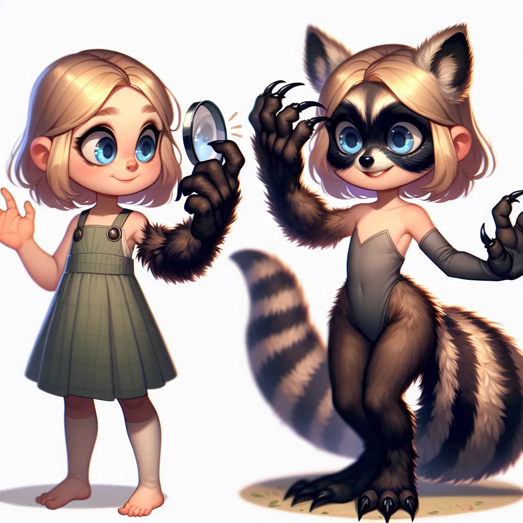 The image generated by DALLE depicts a young girl with soft blonde hair and sparkling blue eyes, standing with her hands on her hips, grinning mischievously as her body undergoes a transformation. From her hands, sprout tufts of black fur that inch their way up her forearm, while her fingers and nails darken and thicken, taking on a claw-like appearance. Her legs and feet also morph, becoming slightly hunched and furry like a raccoon's, complete with tiny claws. A striped raccoon tail grows from