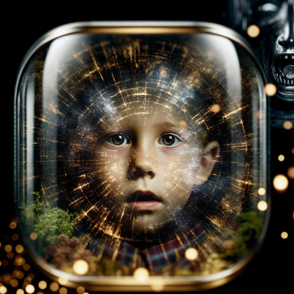 An eerie image of a young girl's reflection in a polished steel tray, her face twisted with fear and confusion, sparks crackling at her temples. Shadows of distorted memories and a sinister figure in the background hint at a dark experiment gone horribly wrong in Academy City.