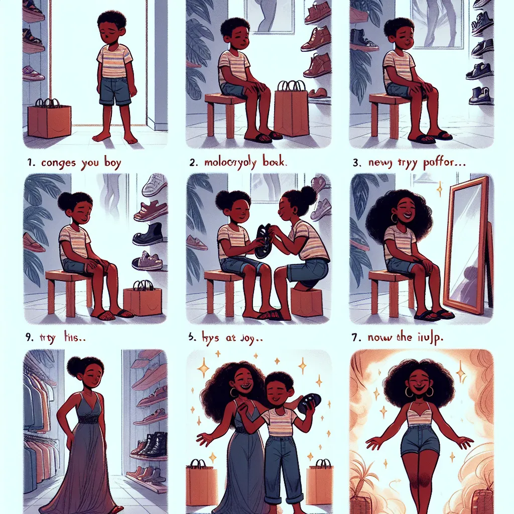 A series of illustrations starting with a young boy named Charlie shopping alone, finding peculiar sandals, and undergoing a magical transformation into a confident woman named Ebony in a store environment. The story depicts Ebony asserting herself and reveling in her new identity, with detailed visuals showing the stages of her physical and mental metamorphosis.