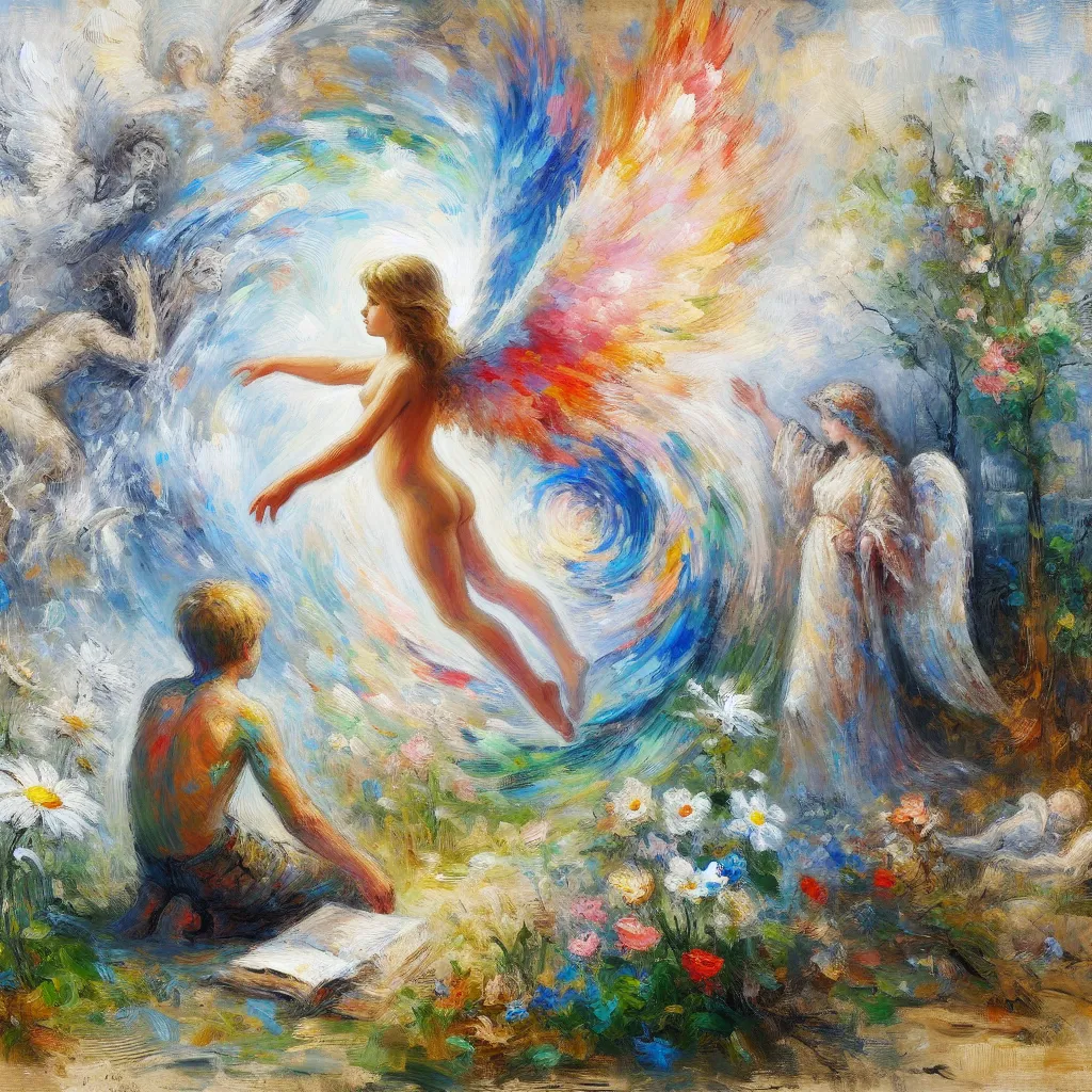 Transform, Change, Child, Identity, Rebirth in the style of Monet