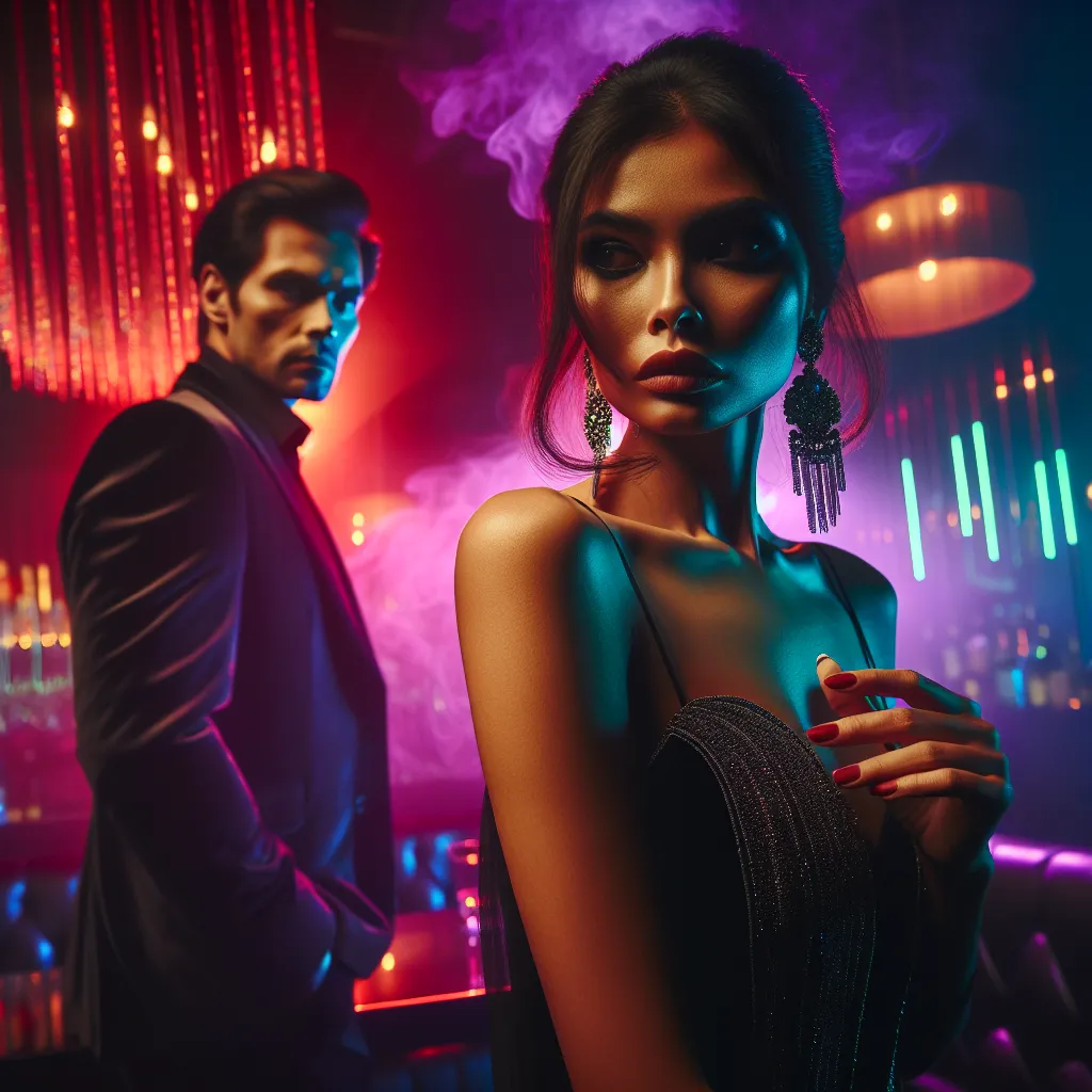 A mysterious and intense moment in a dimly lit nightclub: a powerful yet vulnerable woman grapples with conflicting emotions as a dark and enigmatic figure unexpectedly ignites a passion that both terrifies and intrigues her.